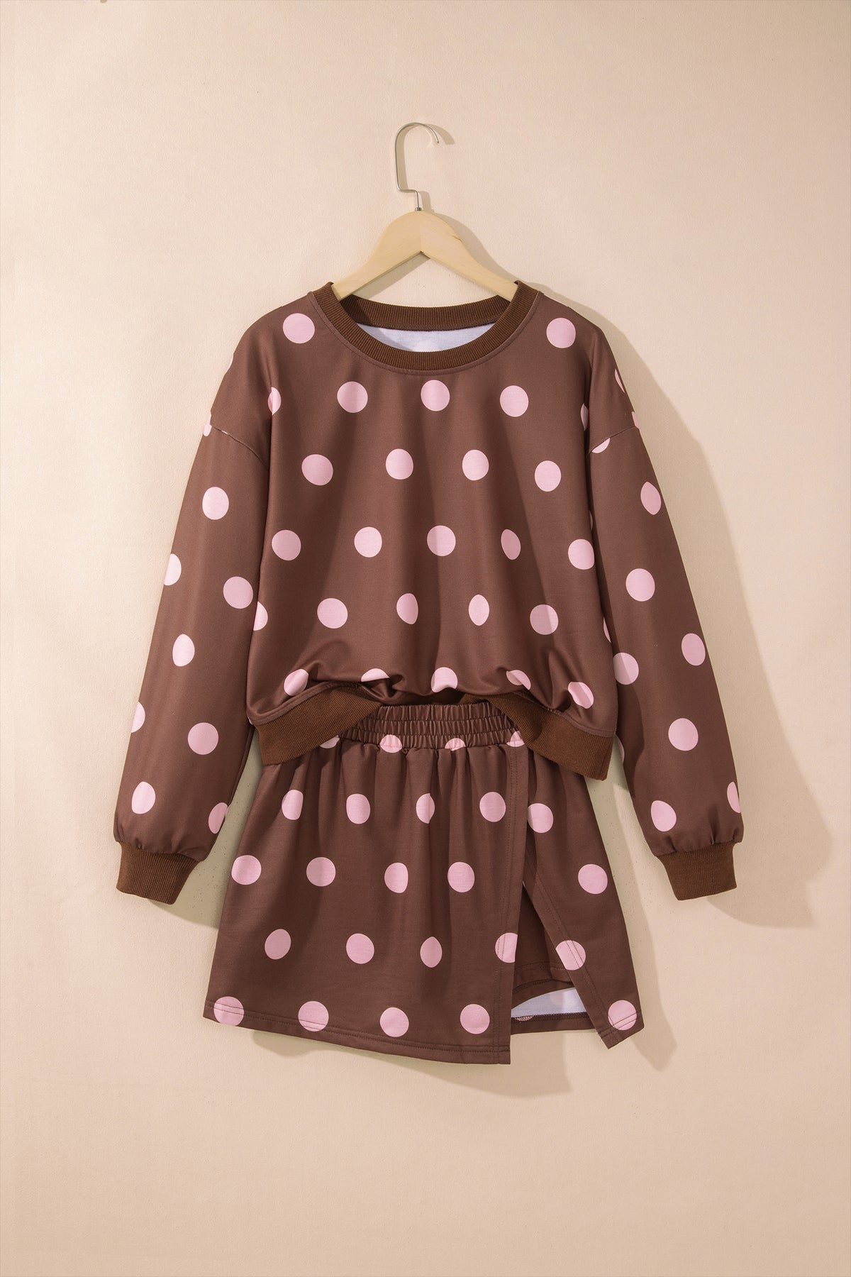 Women's Pink Polka Dot Long-Sleeve Top Split Skort Casual Two-Piece Set