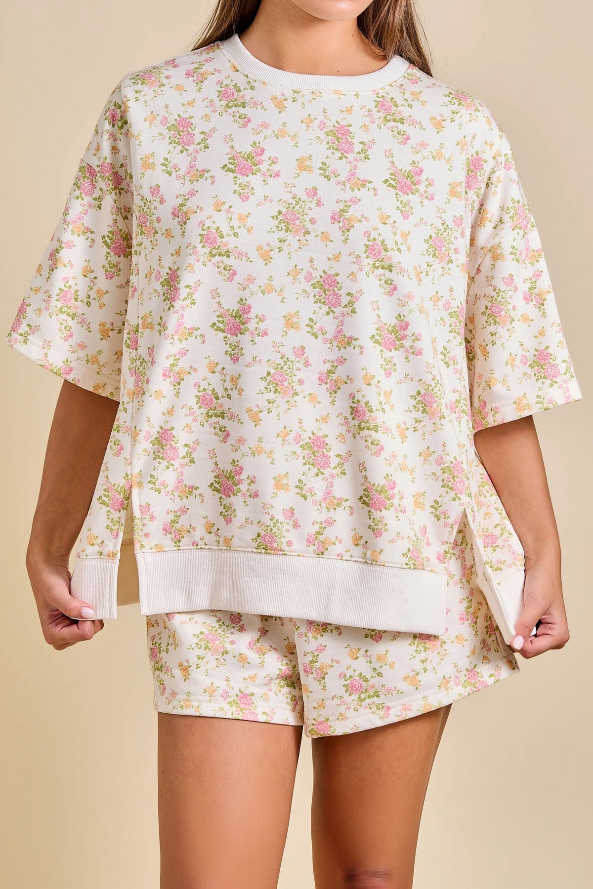 Women's Sky Blue Floral Print Short-Sleeve Elastic Waist Pocket Two-Piece Set