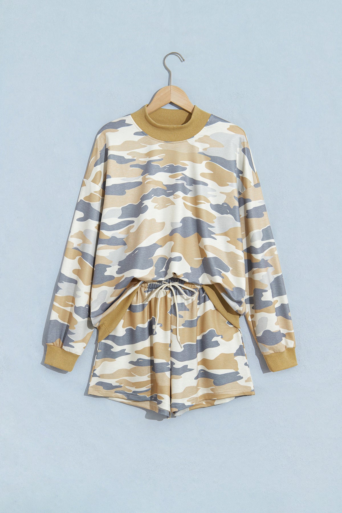 Women's Multicolour Camouflage Print Long-Sleeve Top Drawstring Shorts Set