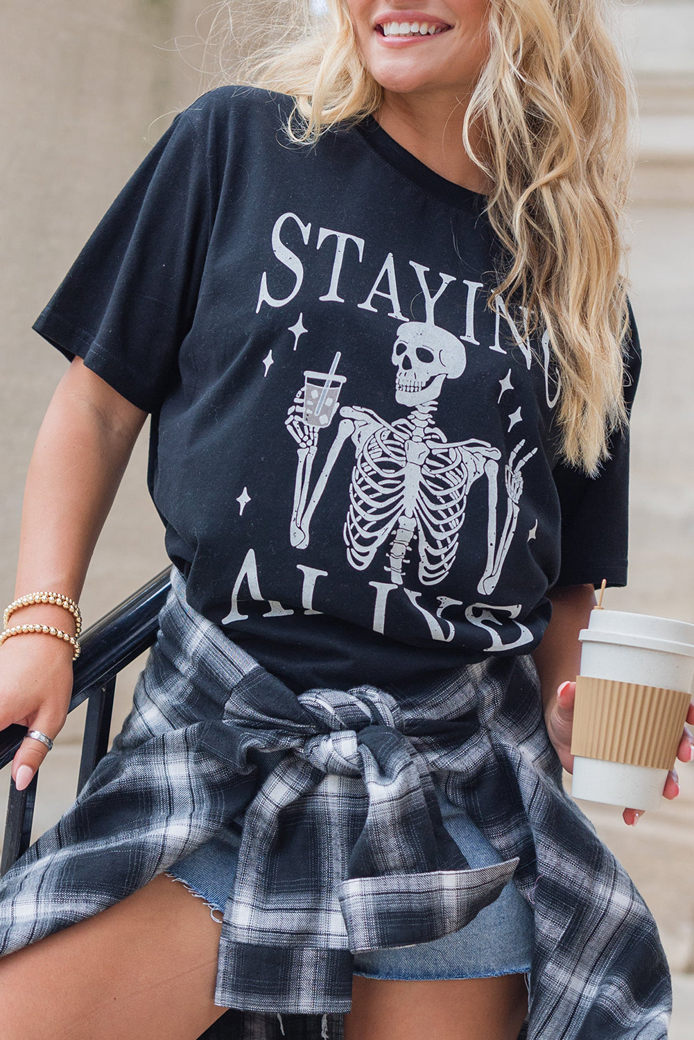 Black STAYING ALIVE Funny Skeleton Print Round Neck T-Shirt