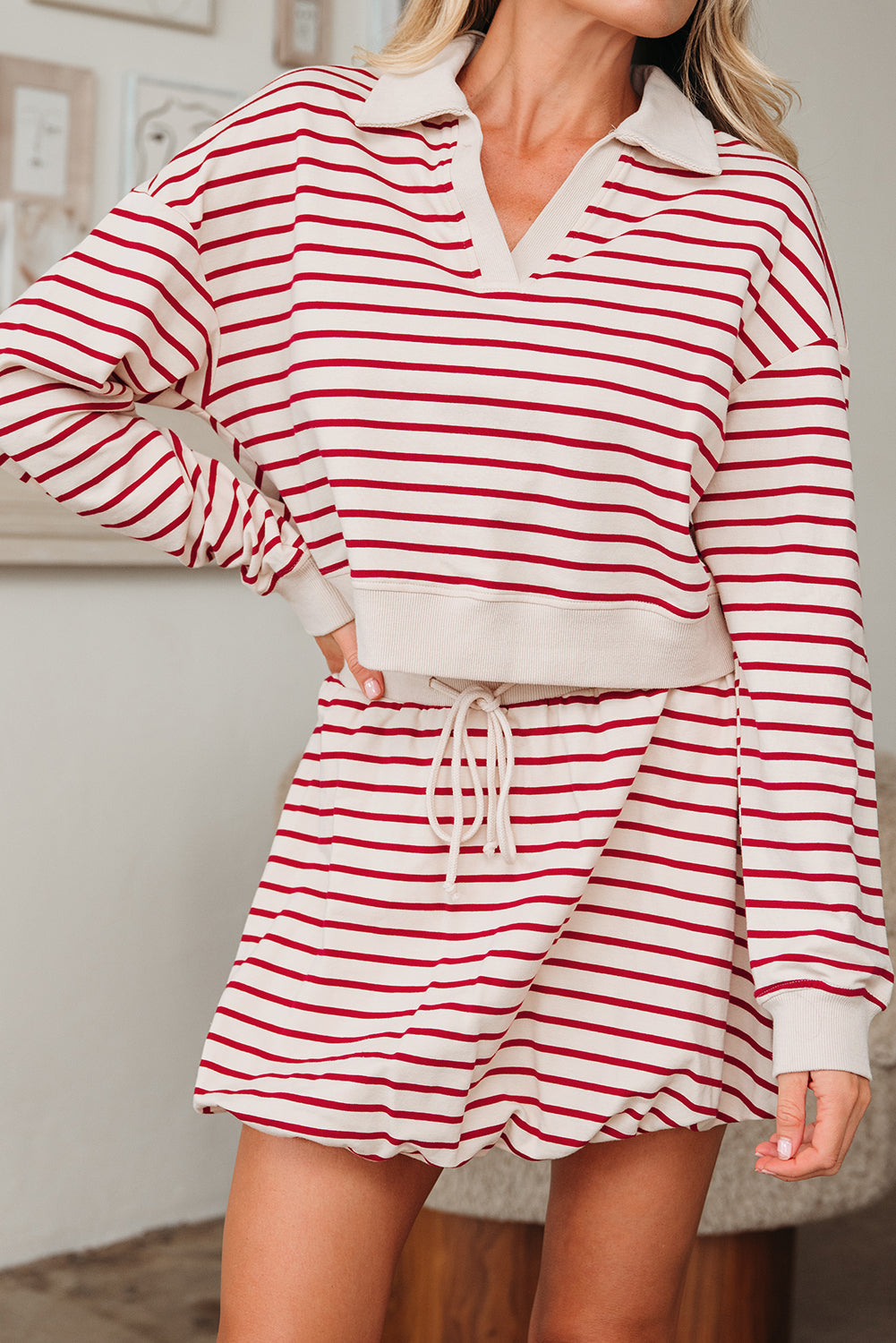 Women's Red Stripe Cropped Collared Drop Shoulder Pullover and Bubble Mini Skirt Set
