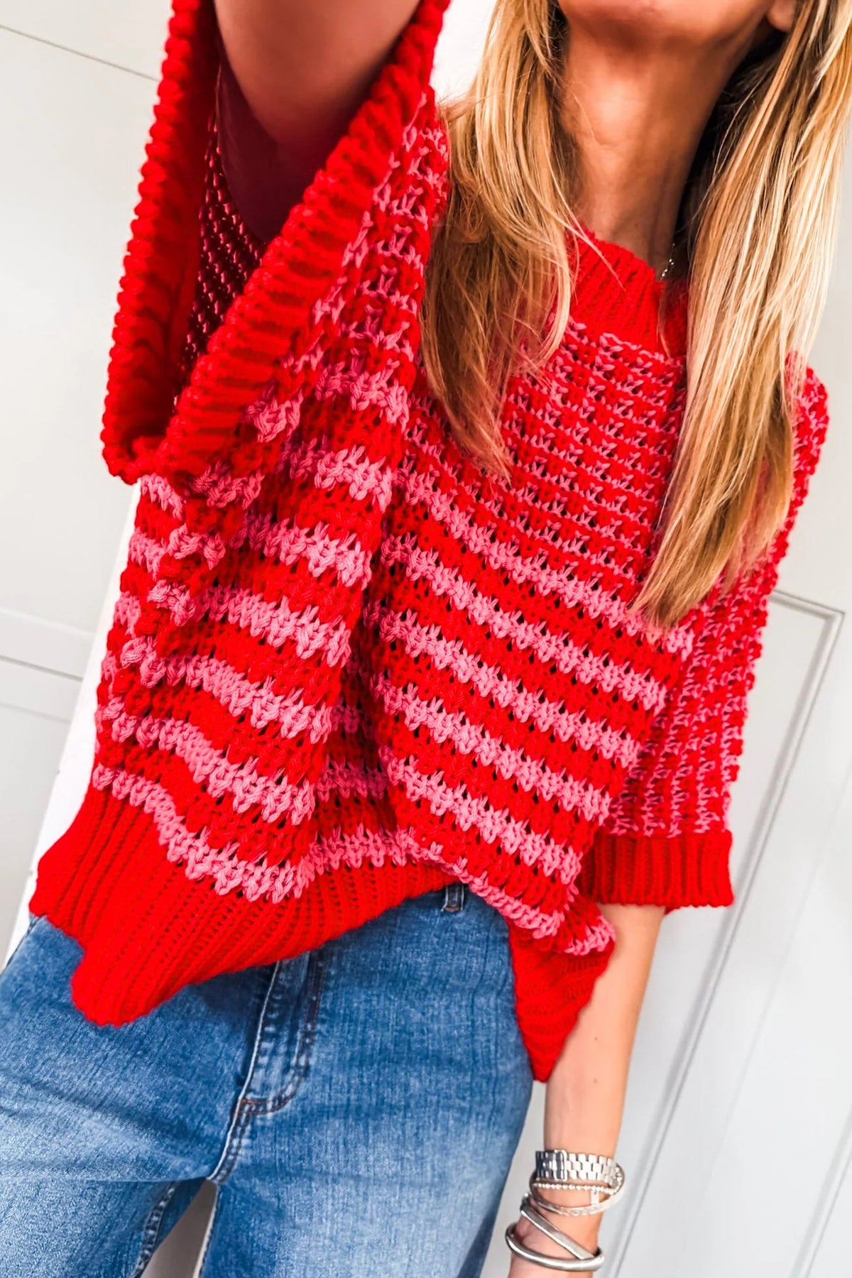 Green Stripe 3/4 Draped Sleeve Slouchy Sweater