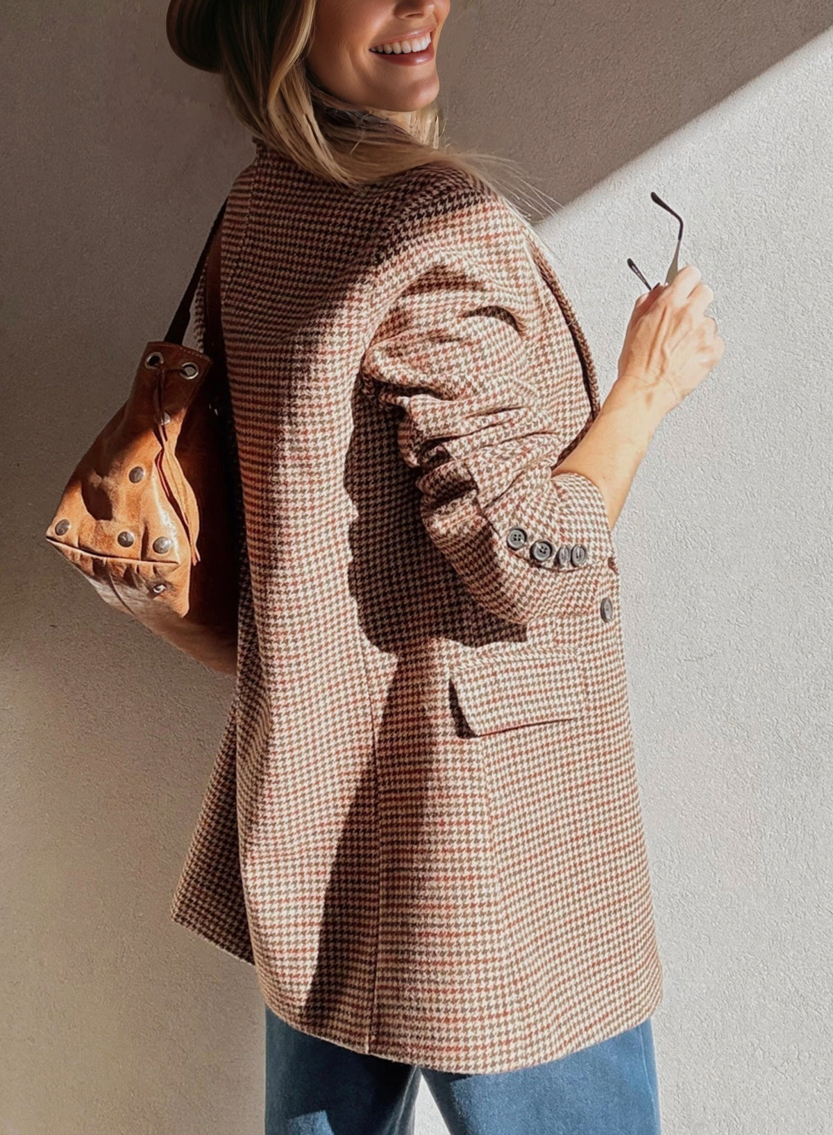 Brown Houndstooth Lapel Collar Blazer