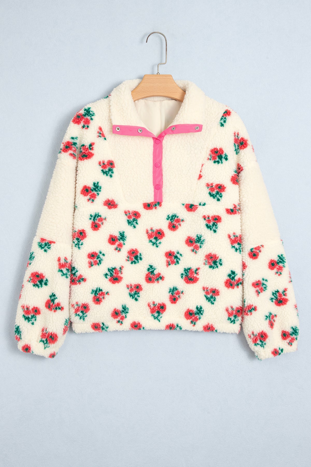 White Floral Fleece Contrast Trim Button Collar Sweatshirt