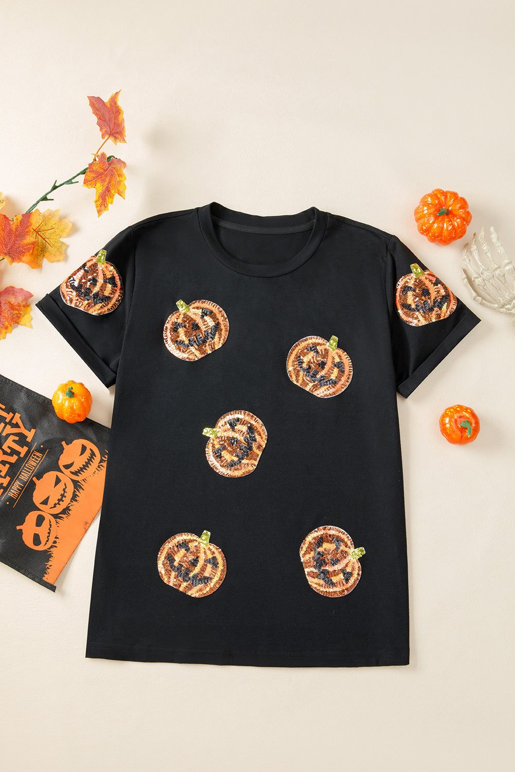 Black Sequin Pumpkin Face Halloween T-Shirt
