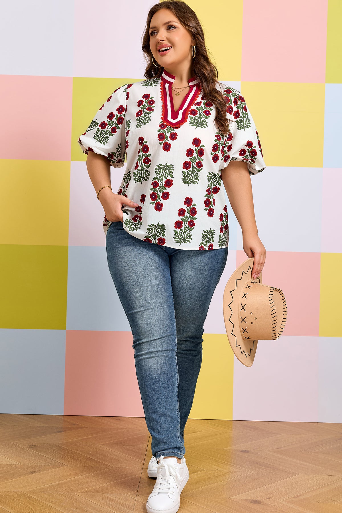 White Plus Size Floral Print Ricrac Striped Trim Short-Sleeve Cotton Blouse