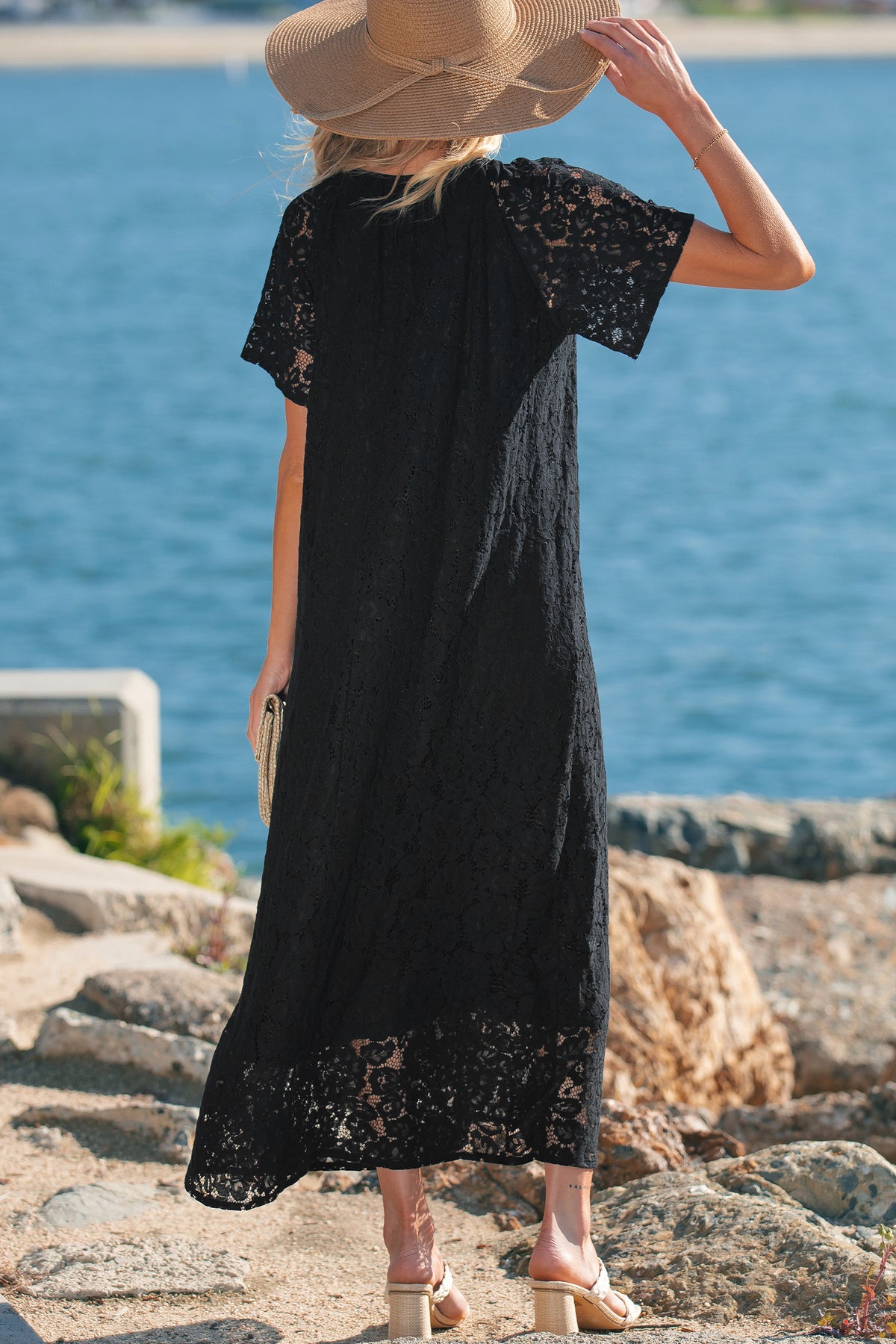 Black Floral Lace Overlay Tassel Tie Beach Vacation Maxi Dress