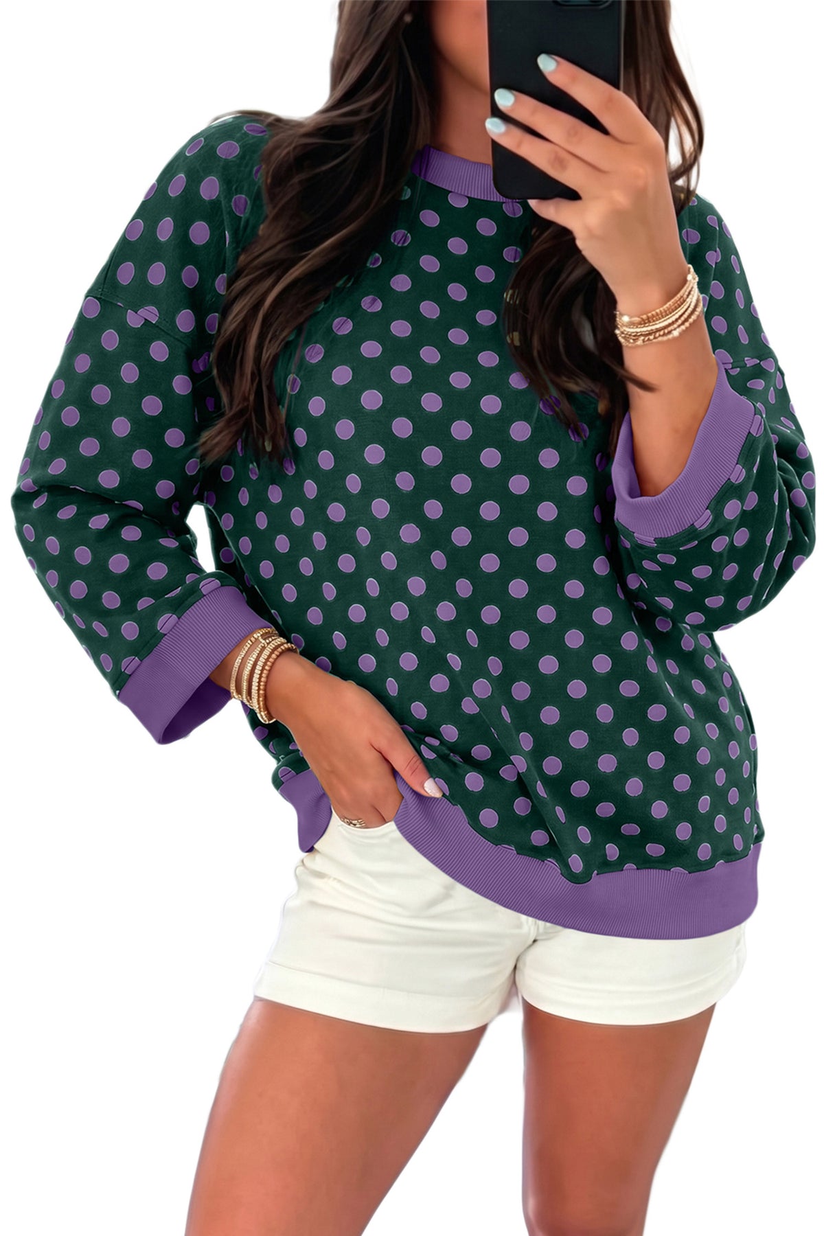 Green Polka Dot Print Round Neck Bracelet Sleeve Top