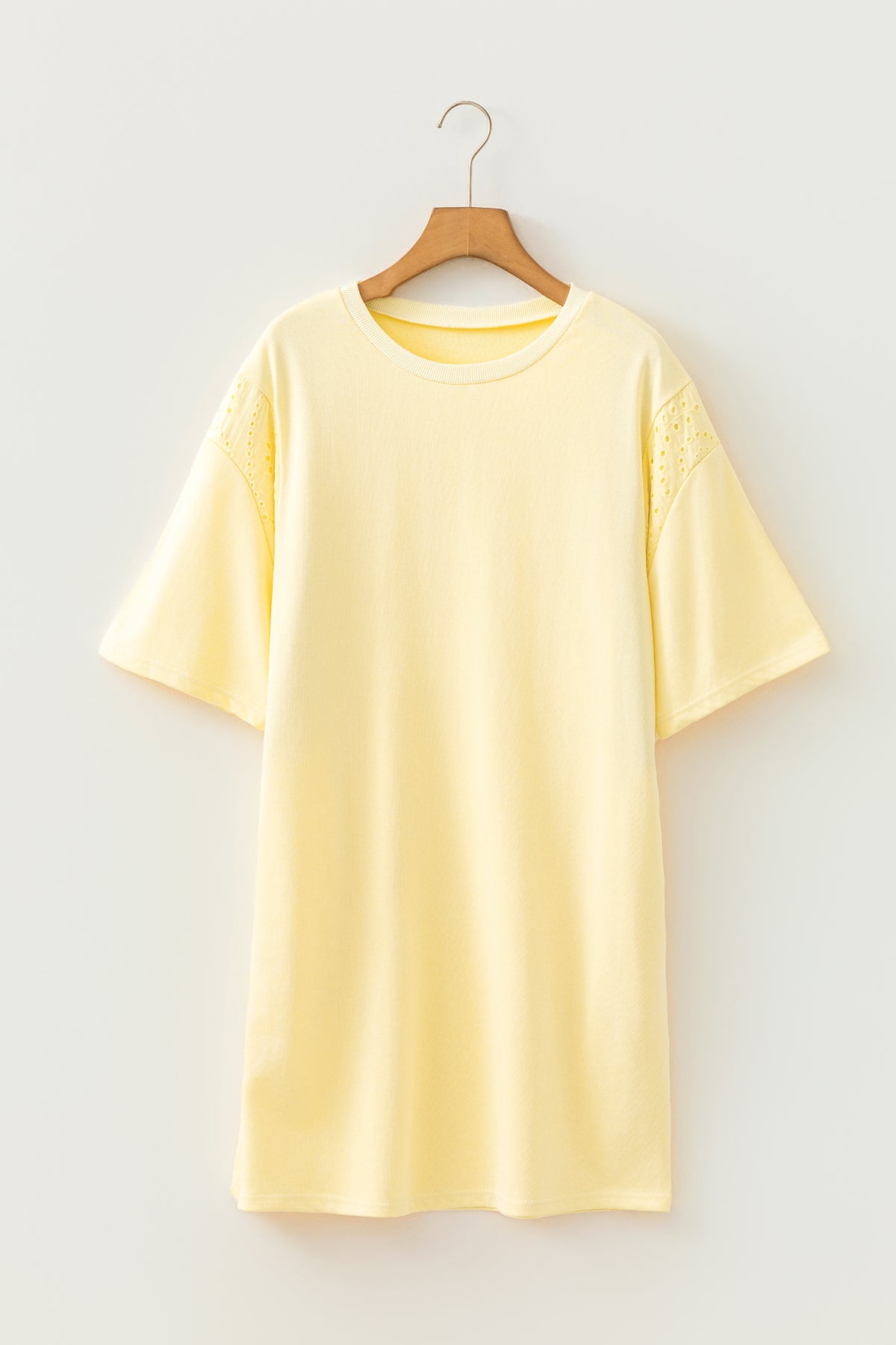 Yellow Cream Eyelet Embroidered Lace Splicing Sleeve T Shirt Dress