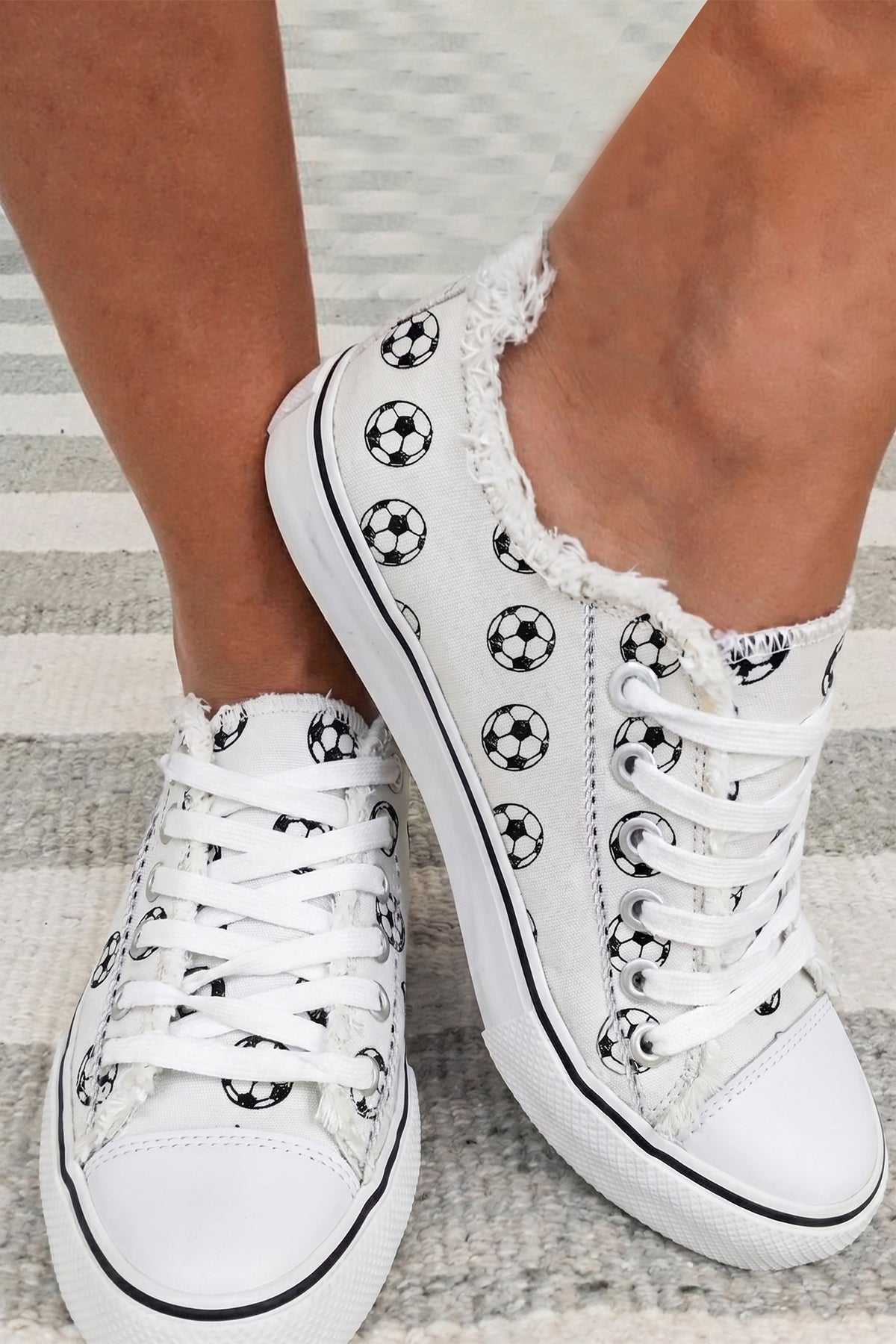 White Soccer Football Print Frayed Canvas Lace-up Sneakers
