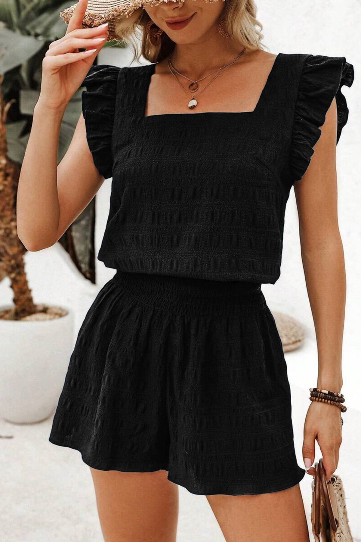 Women's Dark Green Textured Square Neck Top and Shirred High-Waist Shorts Set
