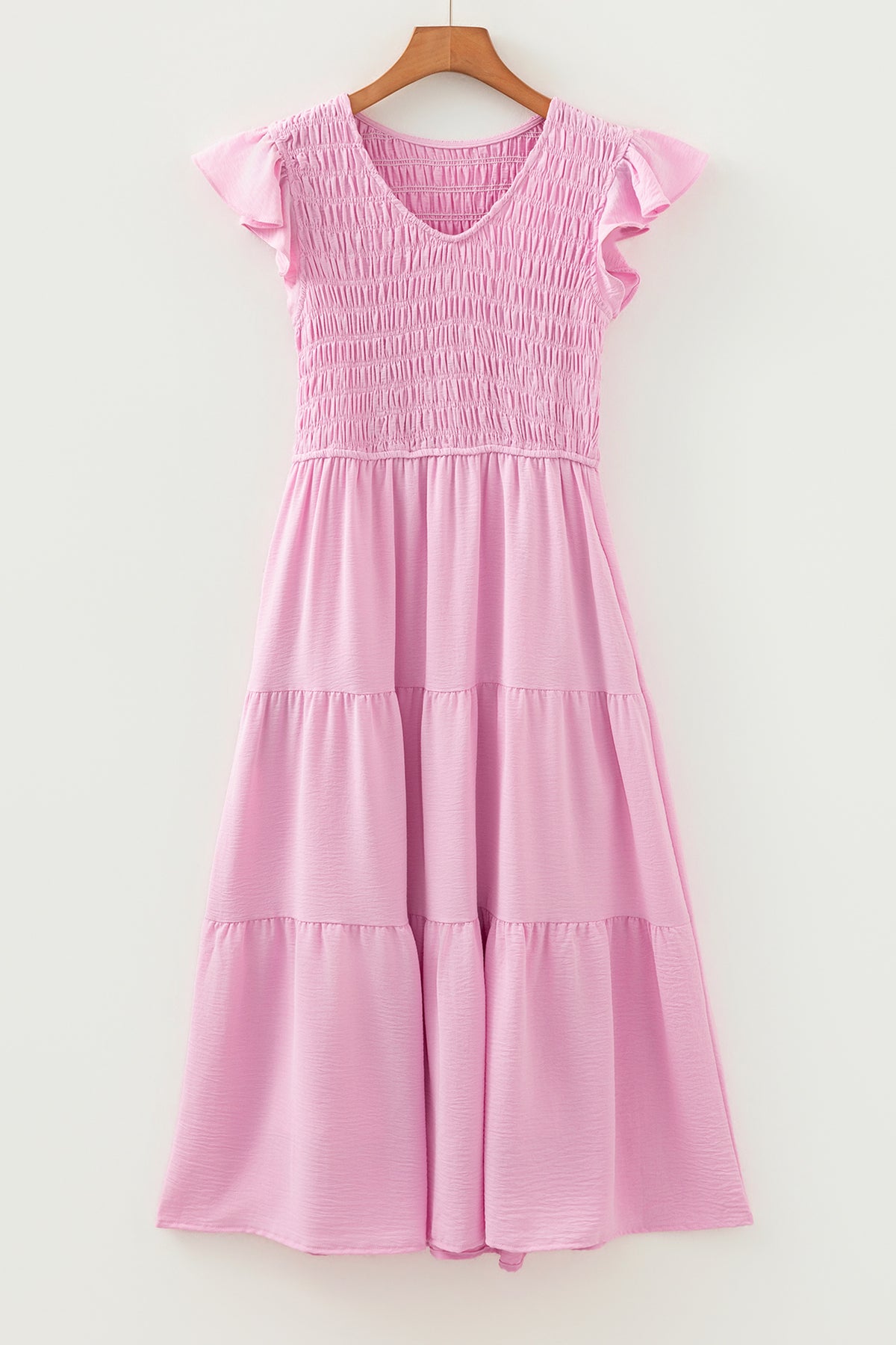 Pink Smocked Bodice Flutter Sleeve Fit Flare Tiered Midi Dress