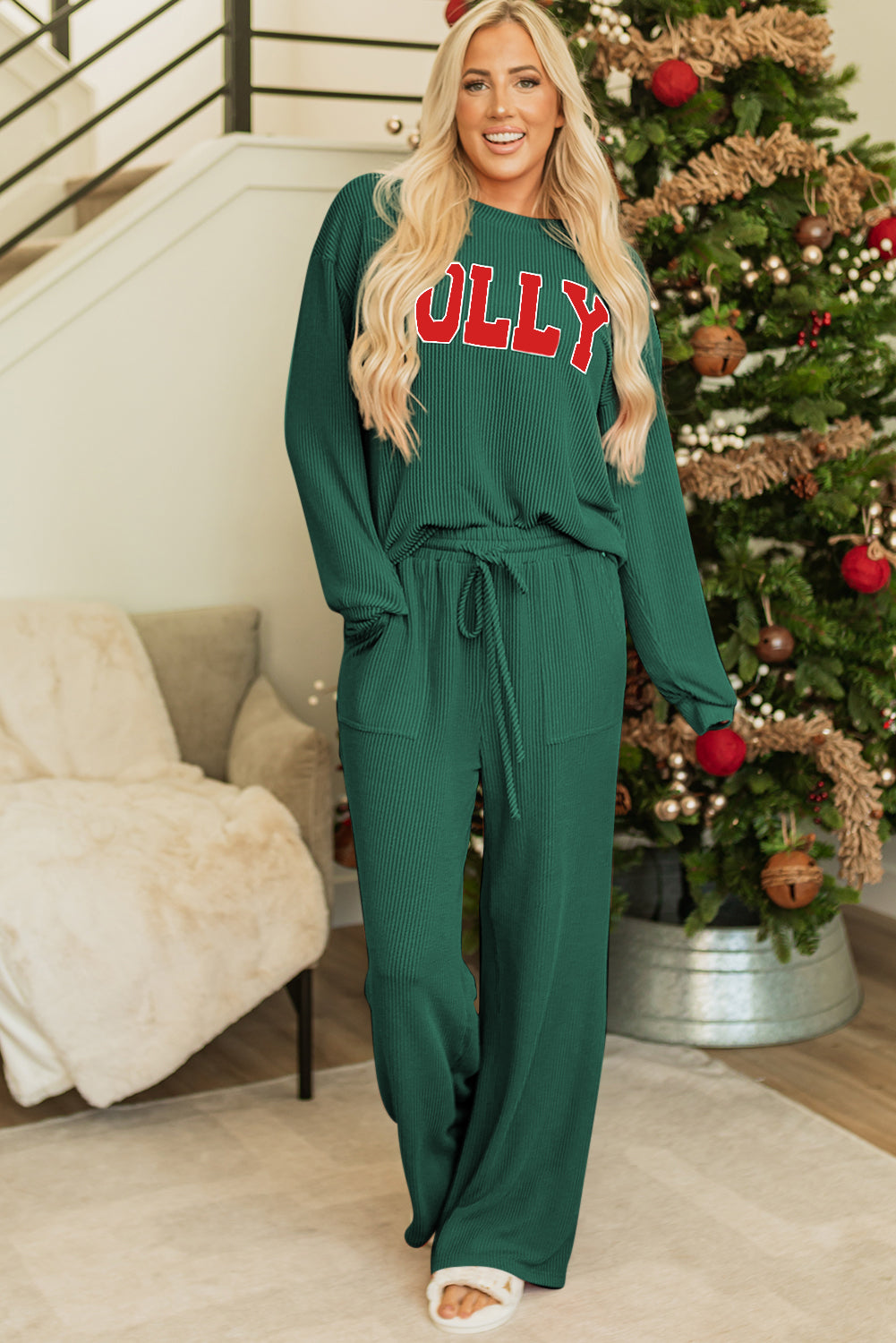 Women's Dark Green MERRY Corded Long-Sleeve Top & Pockets Pants Set