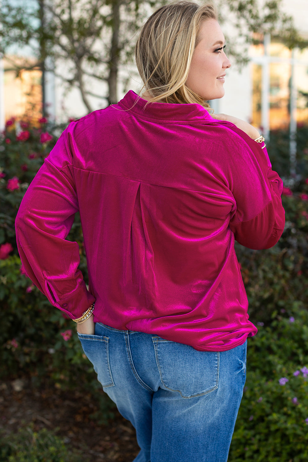 Bright Pink Plus Size Velvet Chest Pocket Drop-Shoulder Shirt