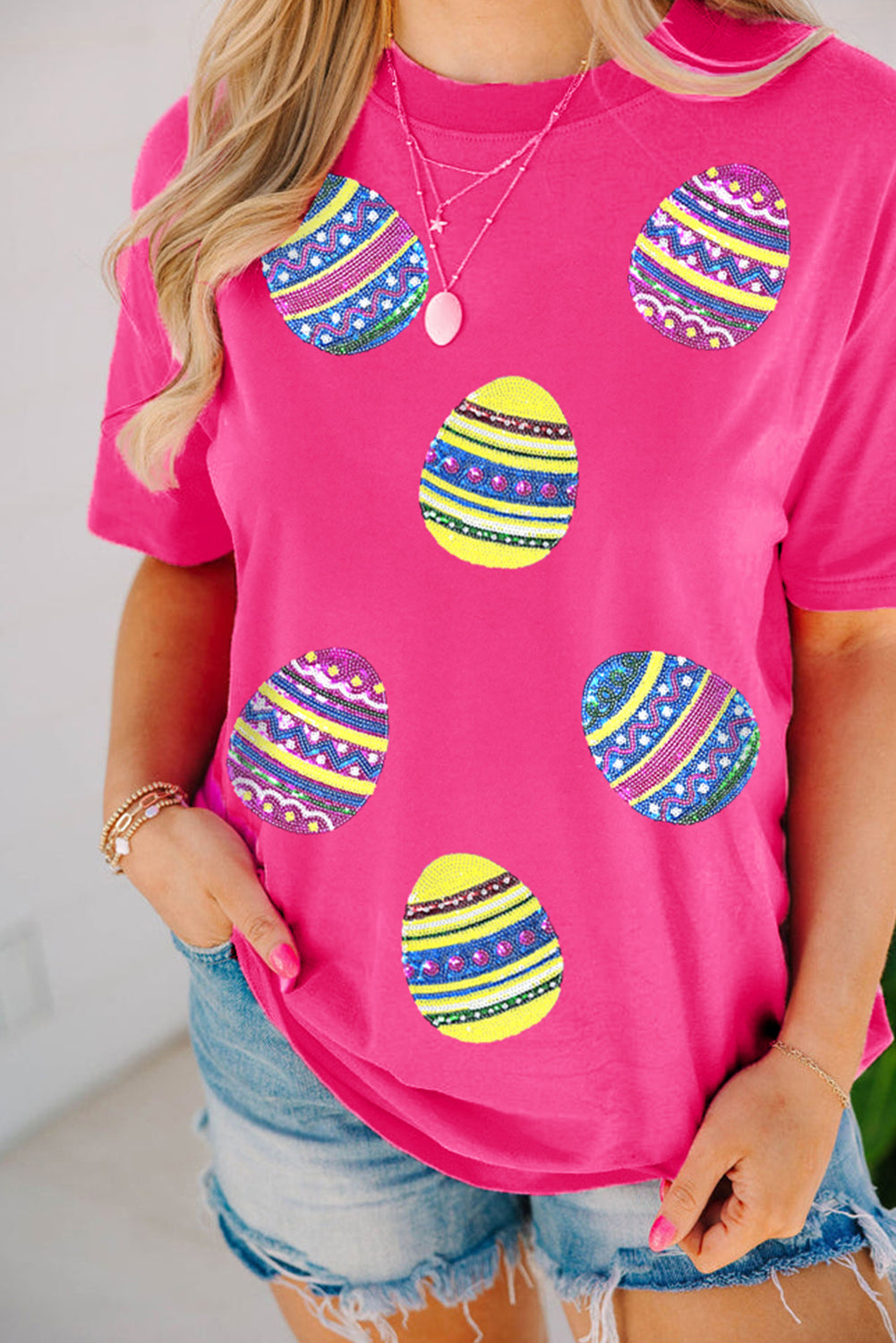 Rose Red Sequin Easter Egg Graphic Casual T-Shirt