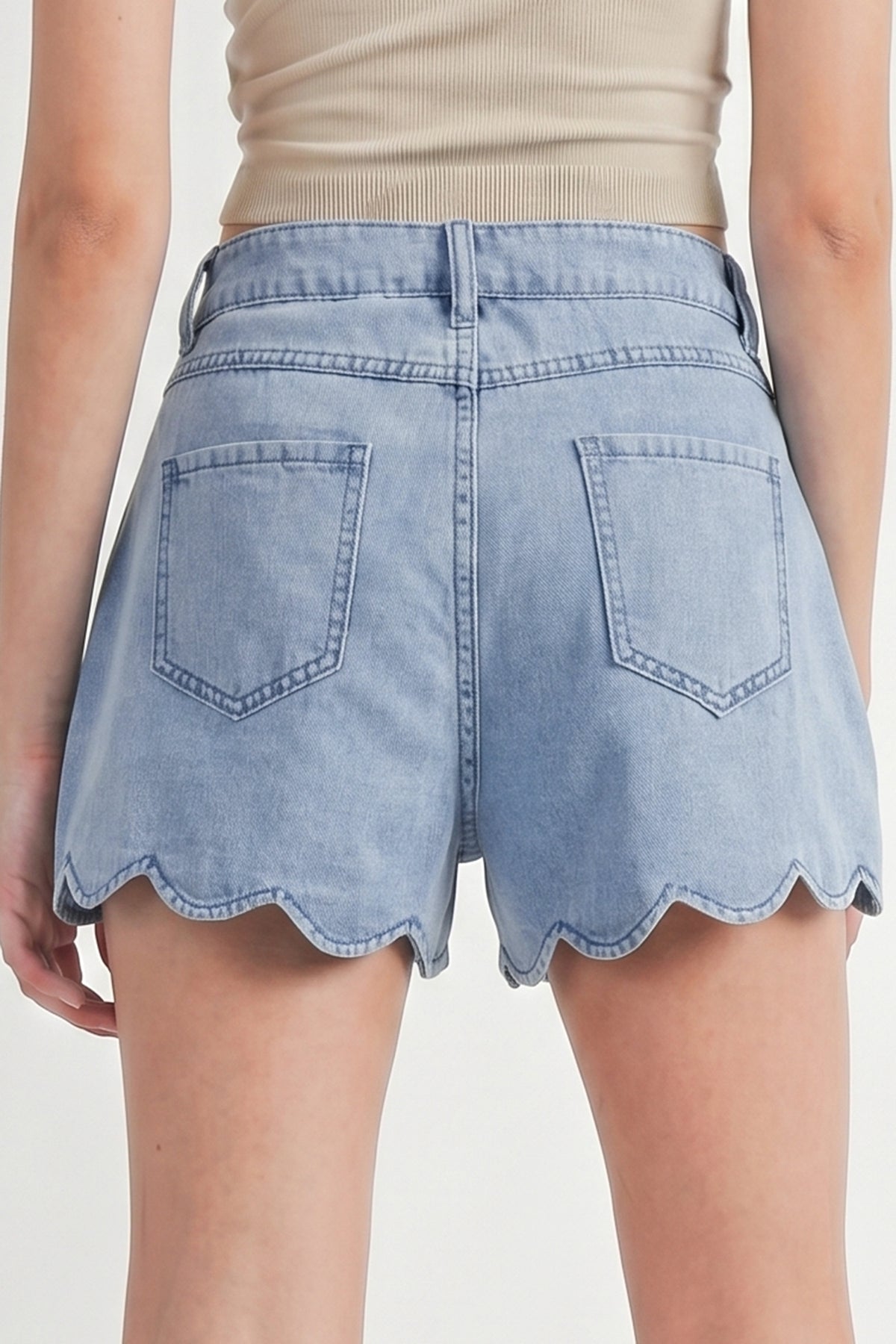 Myosotis Solid Scalloped Trim Casual Denim Shorts