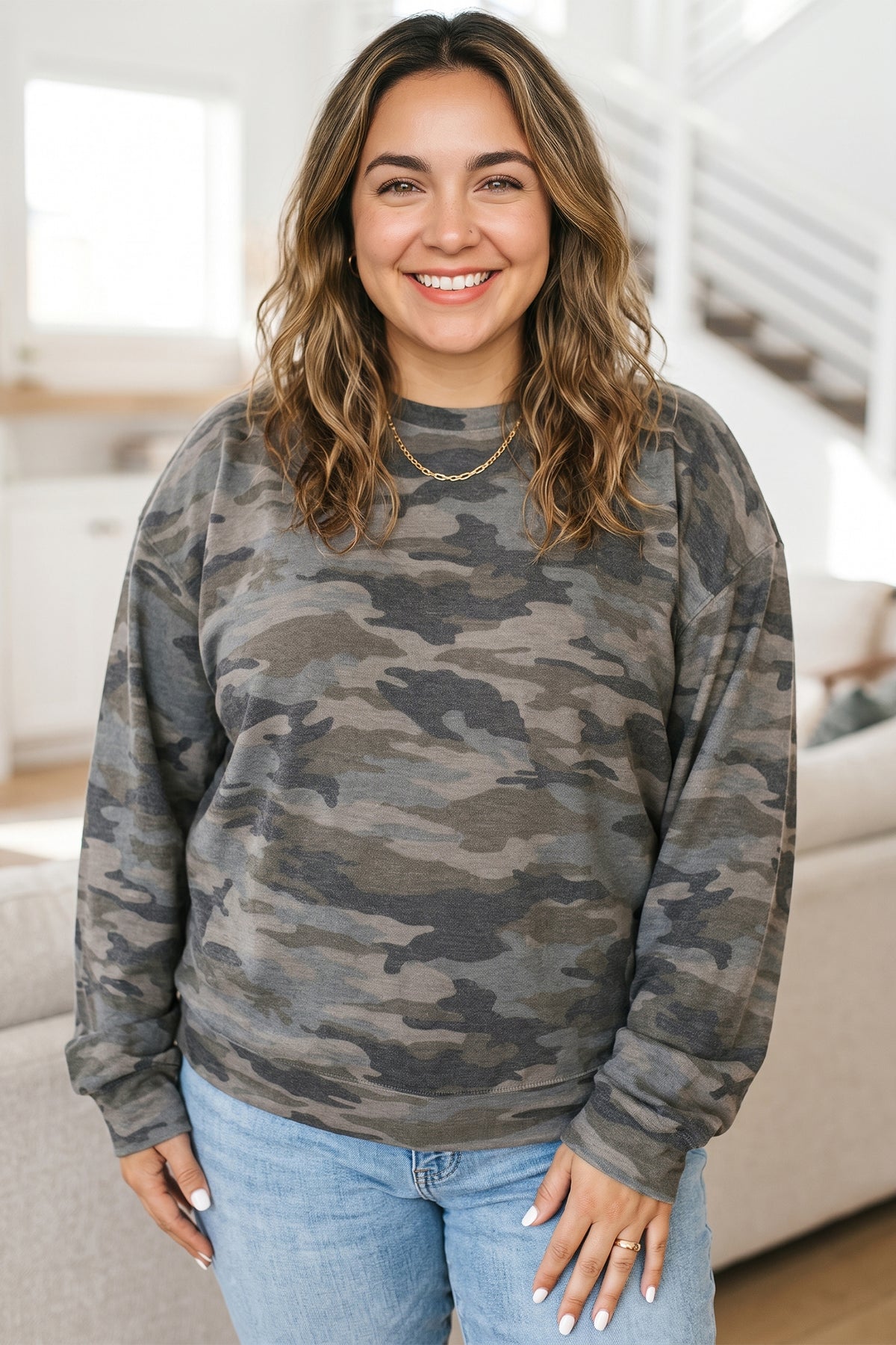 Green Camo Print Long-Sleeve Plus Size Blouse