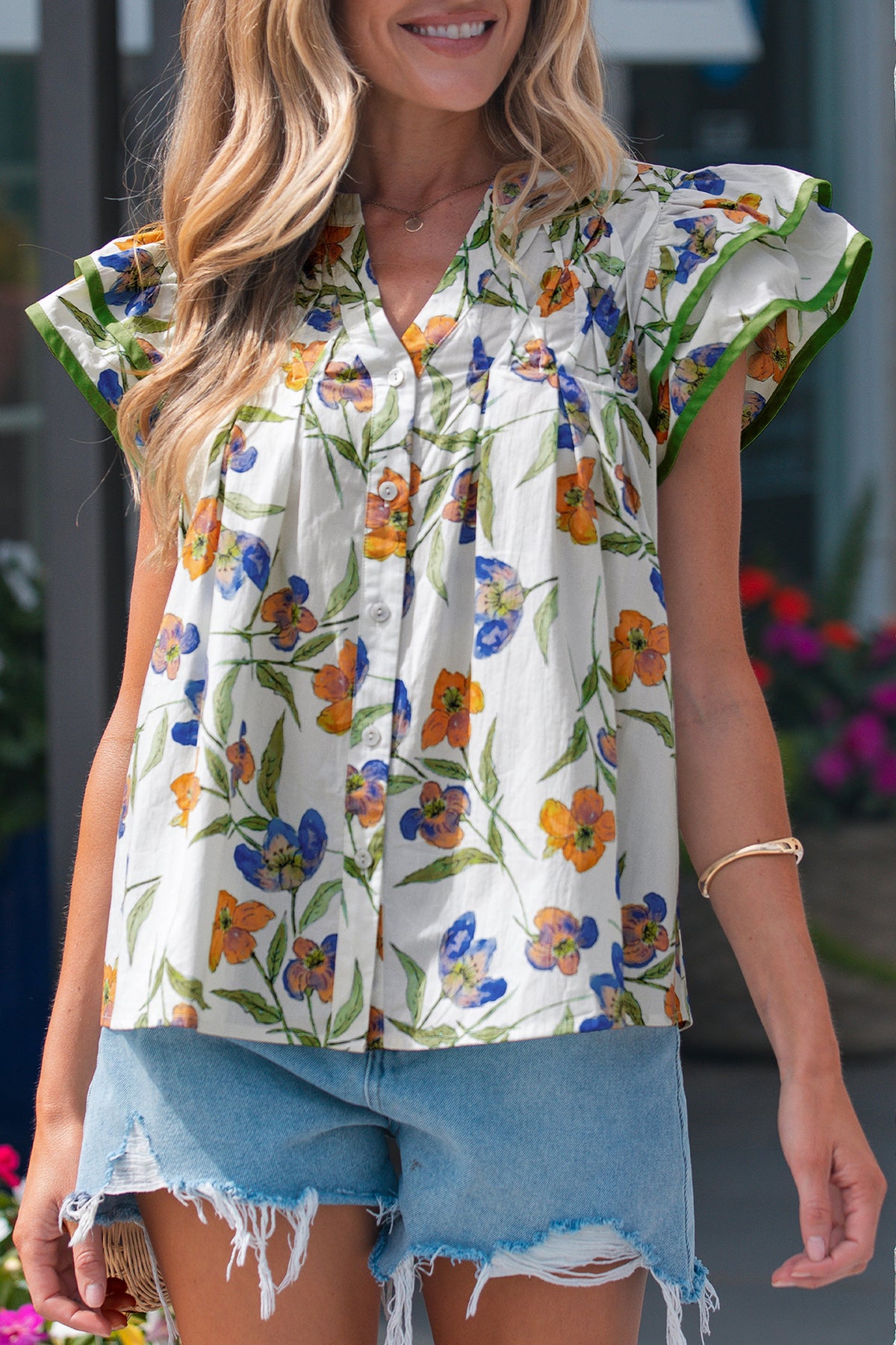 Green Floral Print Ruffle V-Neck Pressed Pleats Cotton Blouse