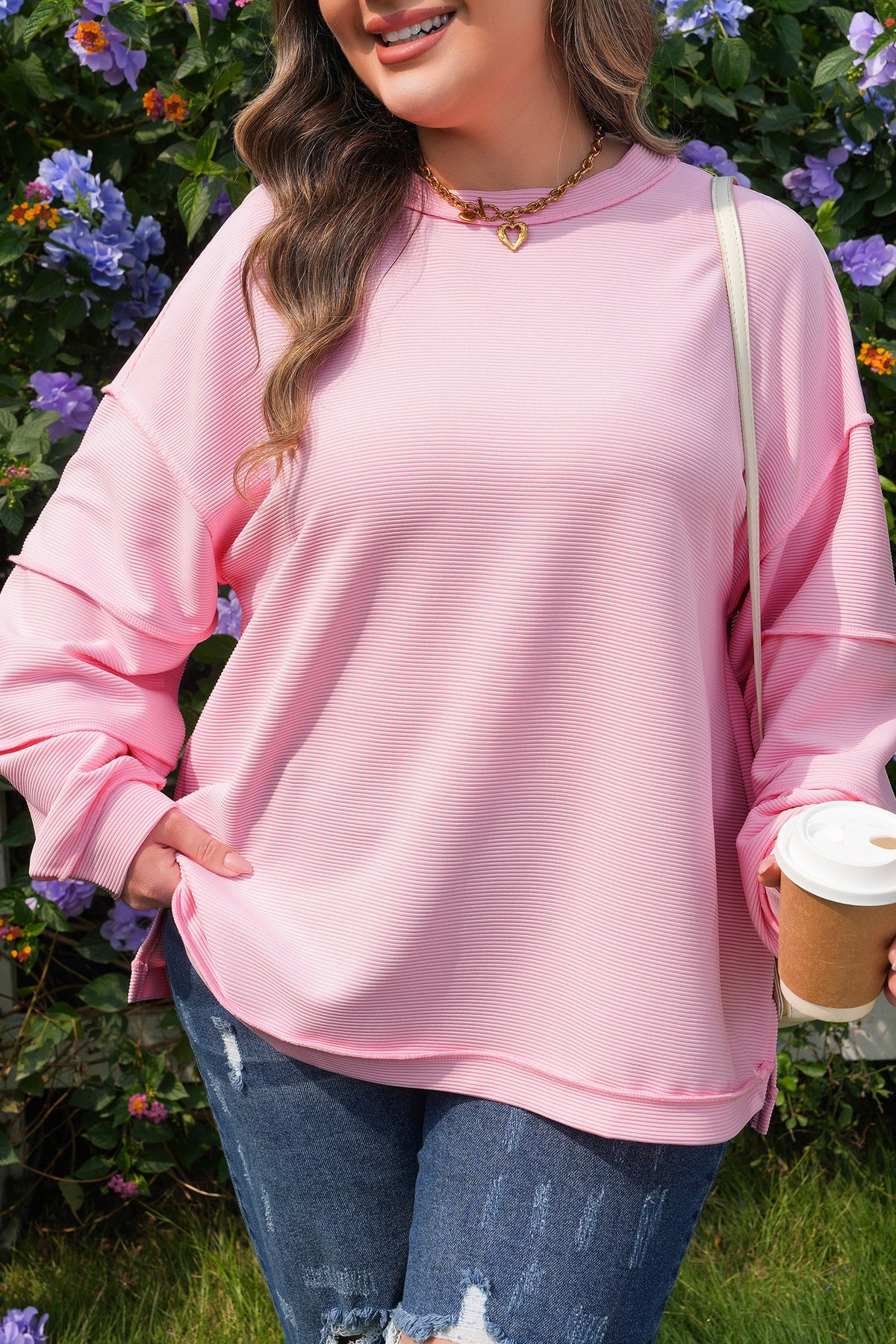 Pink Drop-Shoulder Long-Sleeve Plus Size Ribbed Top
