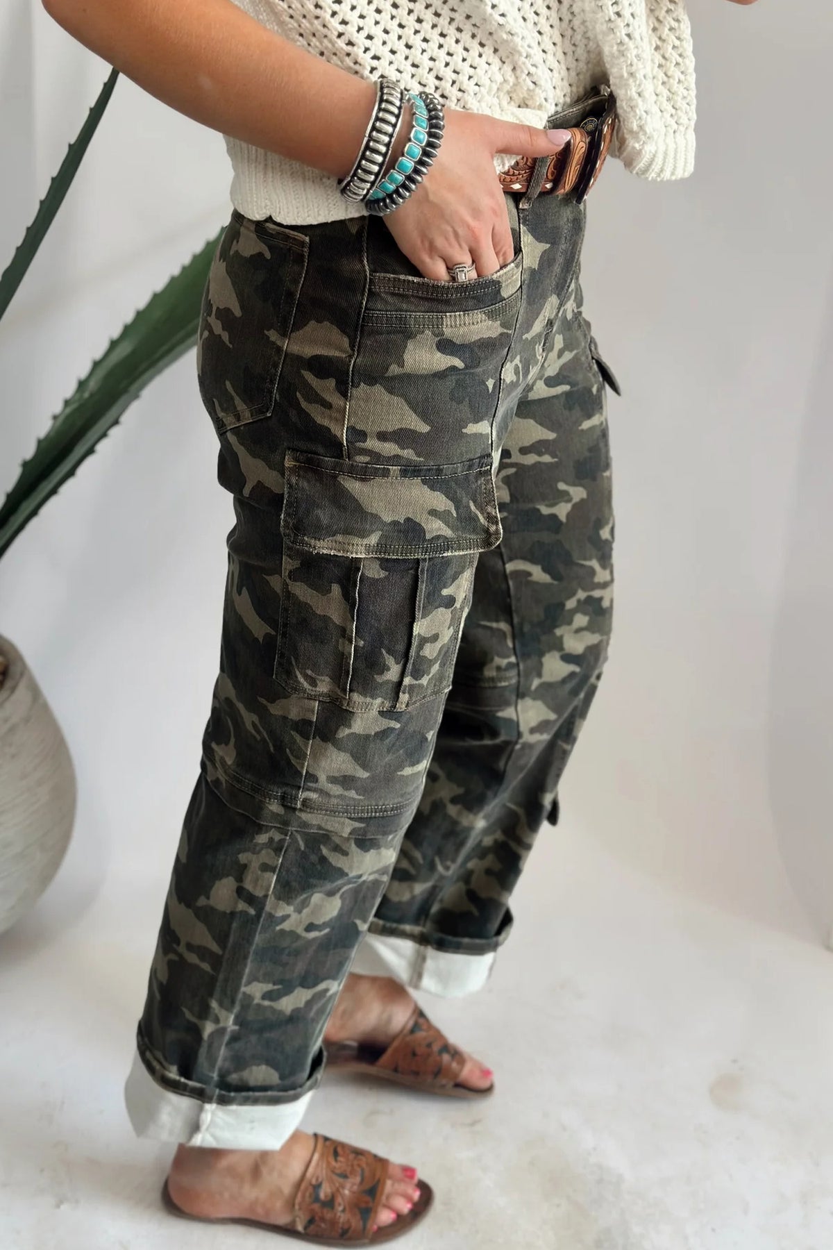 Green Camouflage Print Multi Pocketed Denim Pants