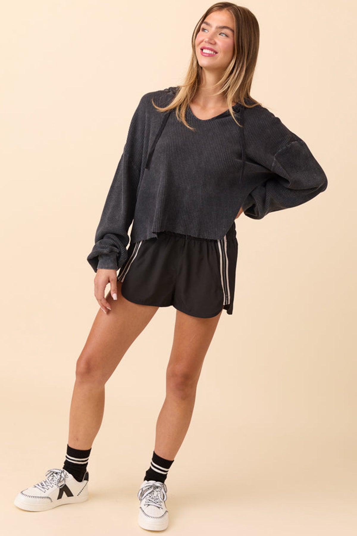 Black Elastic Waist Varsity Striped Athleisure Shorts