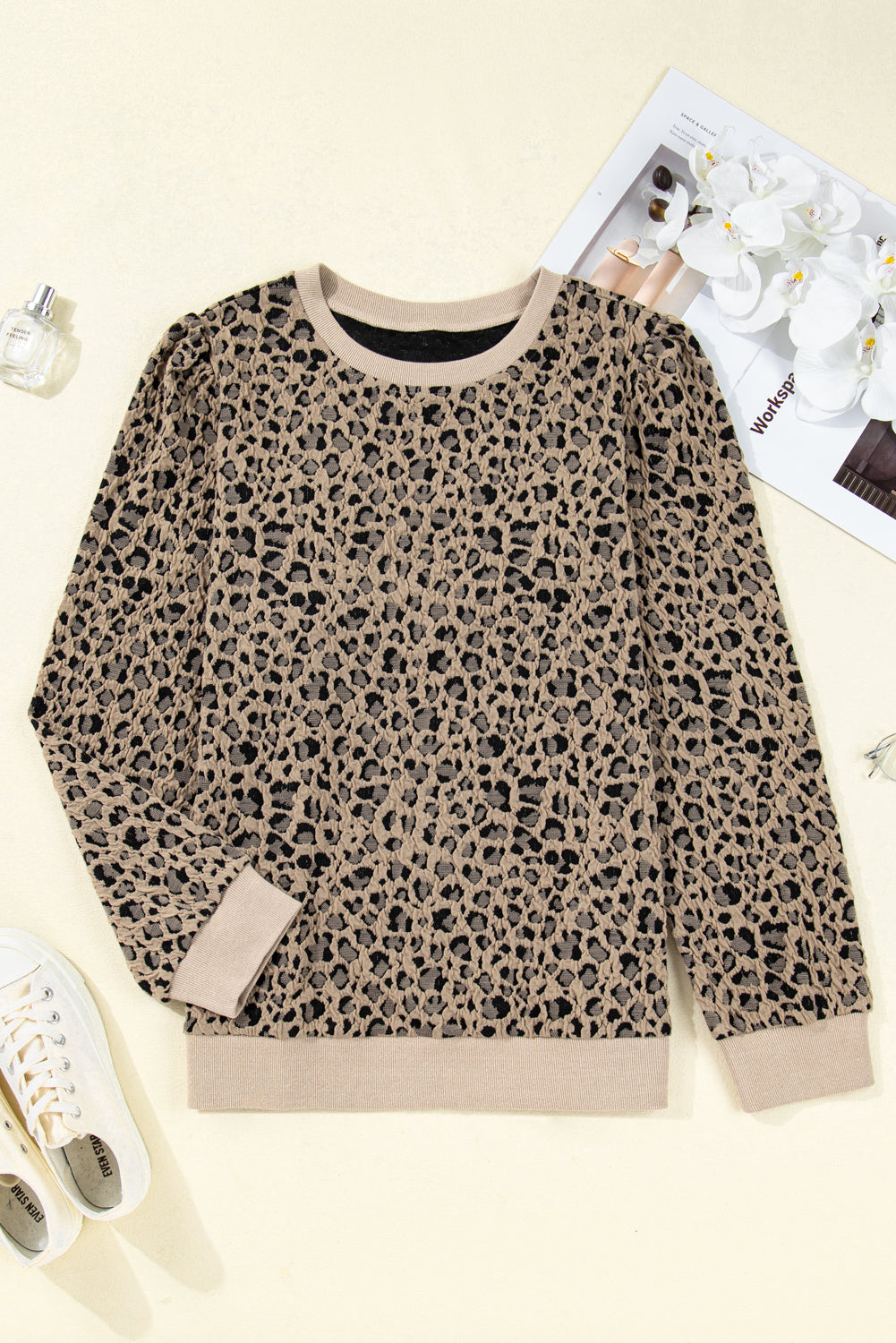 Khaki Leopard Textured Ribbed Trim Plus Size Long-Sleeve Top