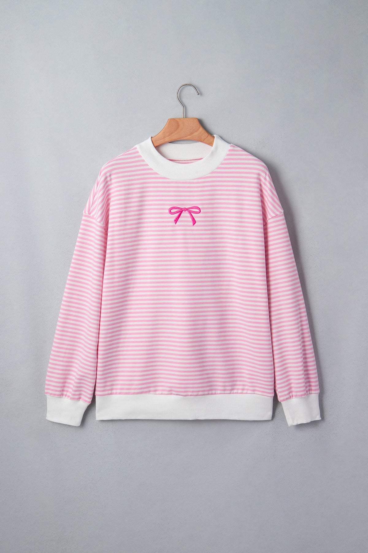 Pink Stripe Embroidered Bow High Neck Sweatshirt