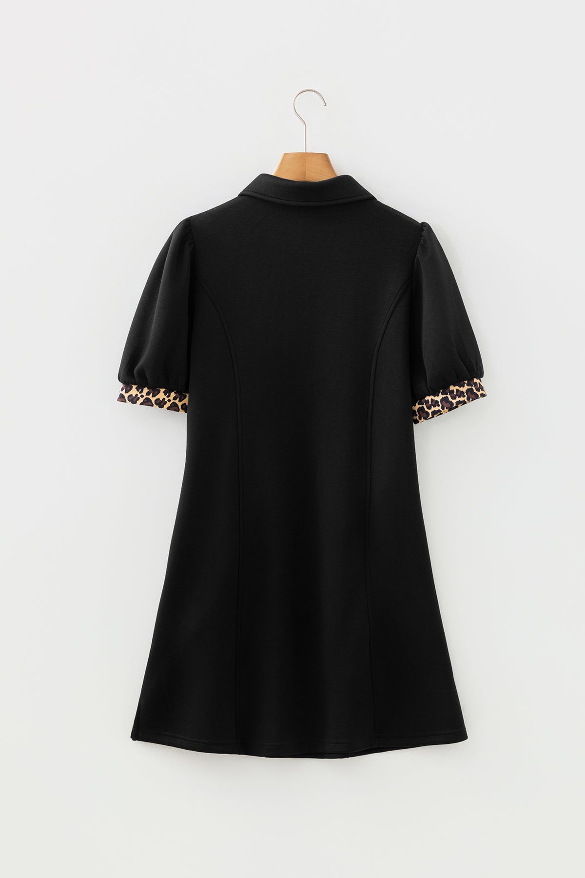 Black Leopard Patchwork Zip Short Puff Sleeve Shift Mini Dress