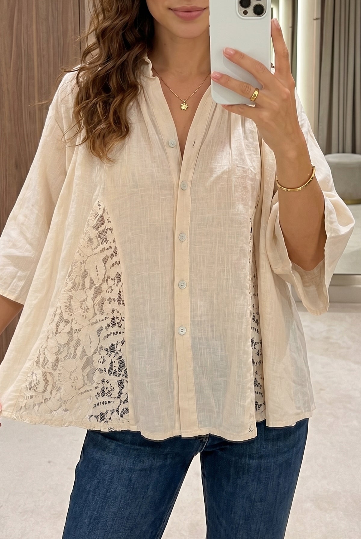 Oatmeal Sheer Lace Splicing Detail Bracelet Sleeve Flowy Shirt