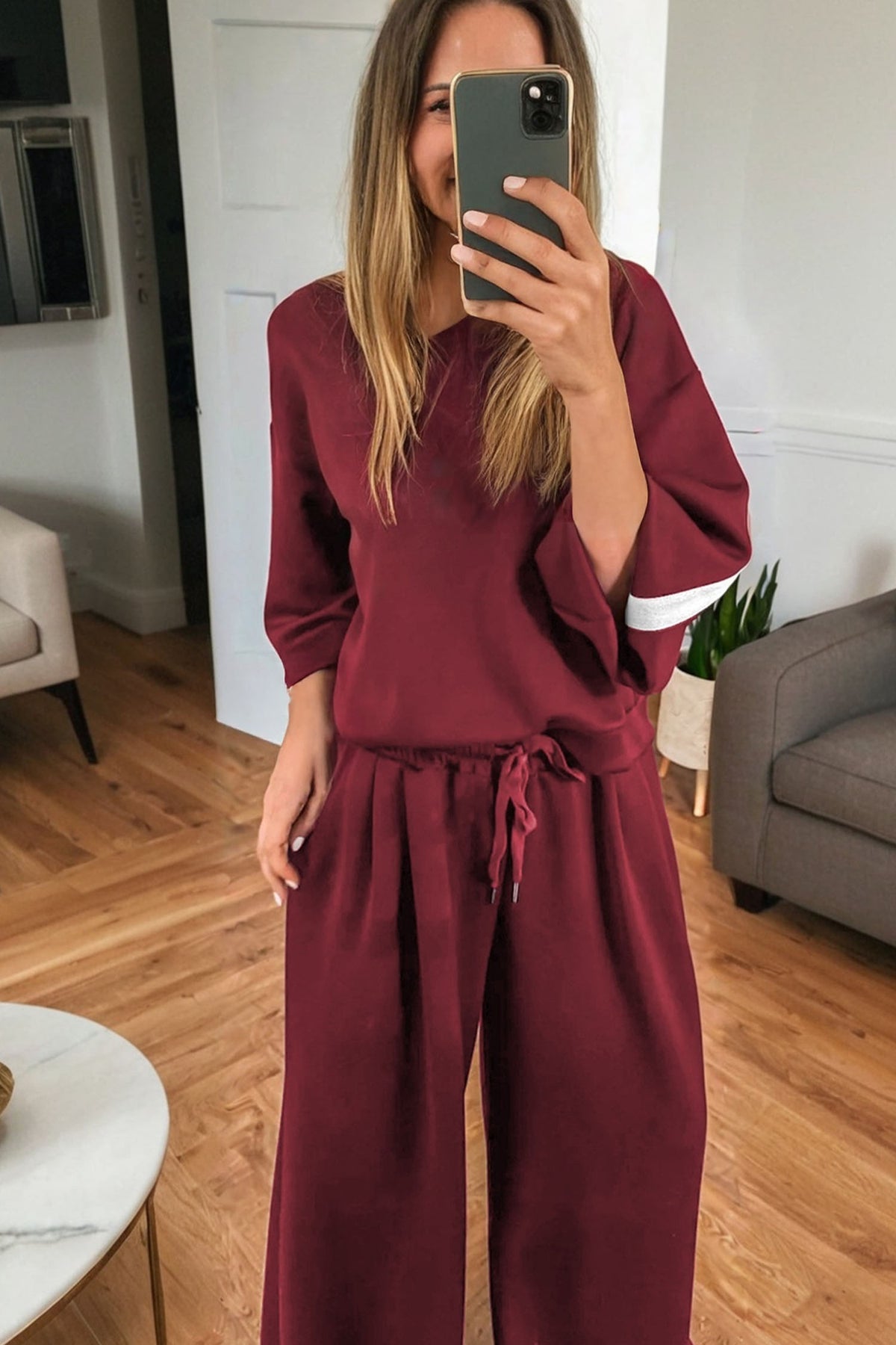 Women's Burgundy Varsity Striped Long-Sleeve Pullover Sweatpants Set