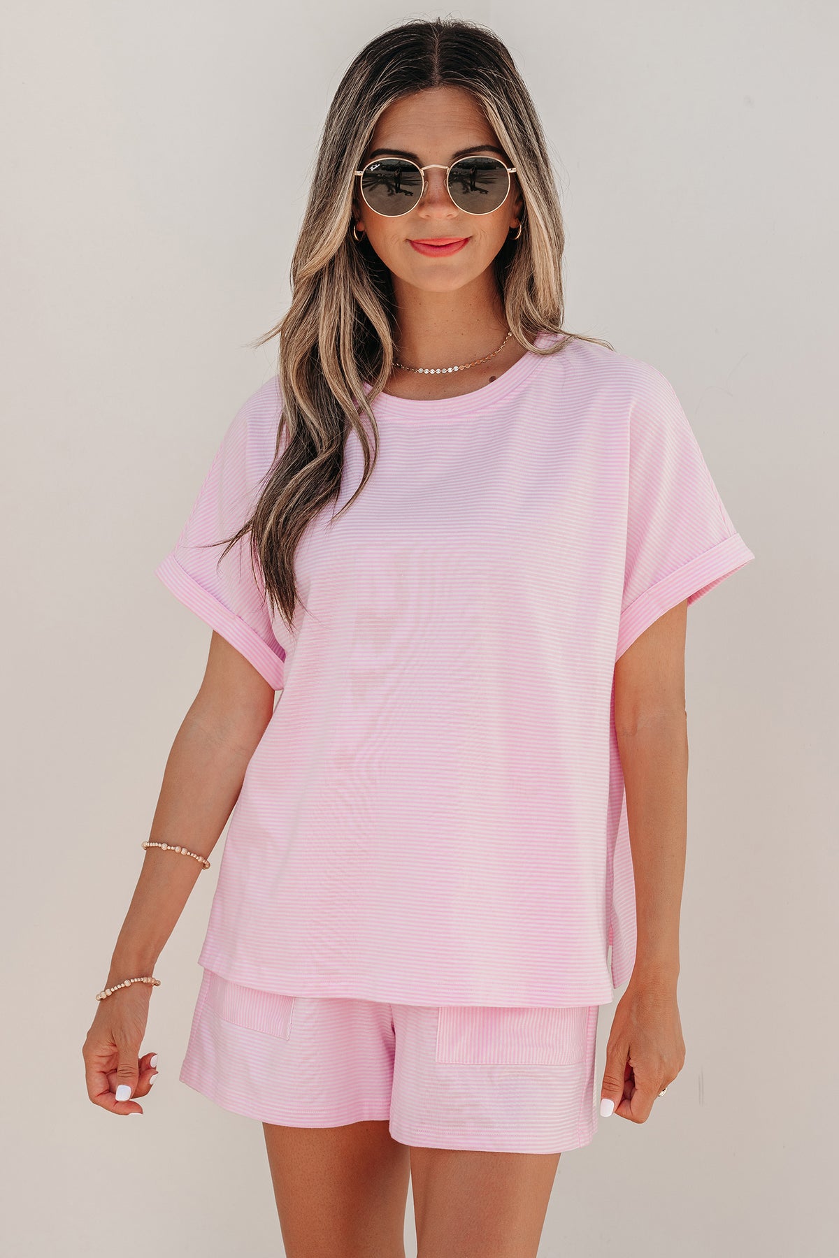 Women's Pink Stripe Matching Oversized Tee and Shorts Set