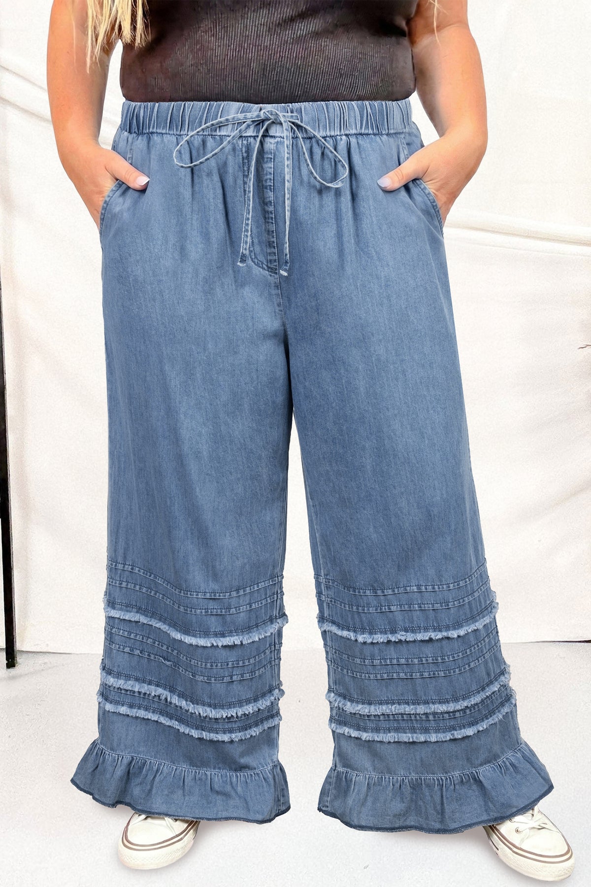 Dusk Blue Tiered Raw Edge Ruffled Plus Size Wide-Leg Denim Pants