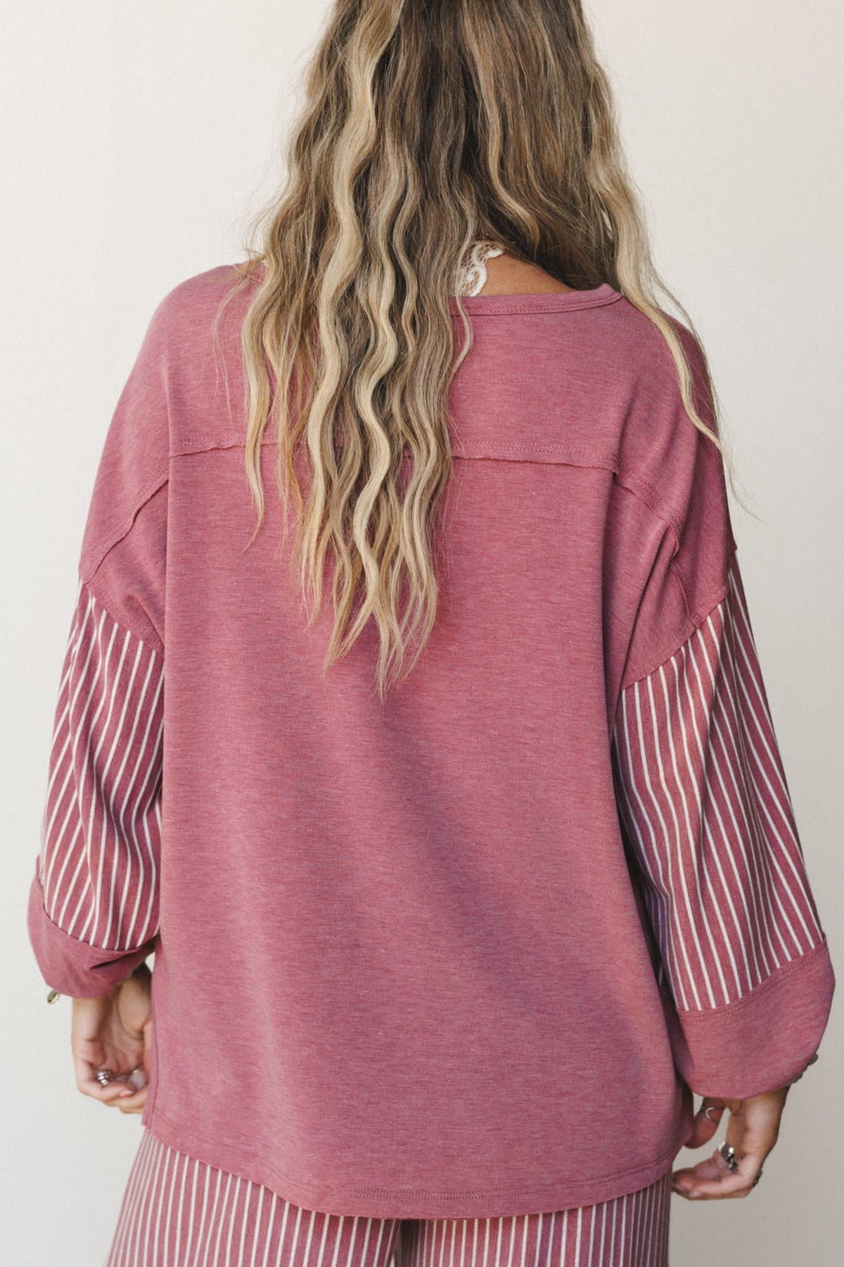 Women's Fushia Raw Seam Patchwork Long-Sleeve Top Pocket Casual Pants Two-Piece Set