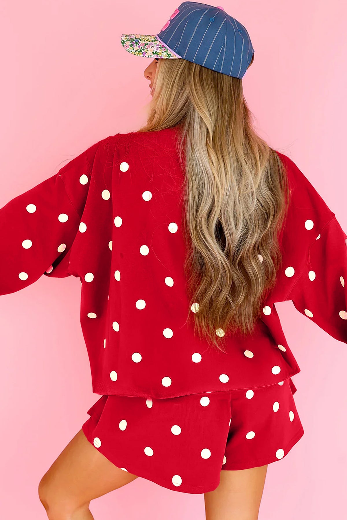 Women's Red Polka Dot Raw Hem Relaxed Pullover Loose Skort Two-Piece Set