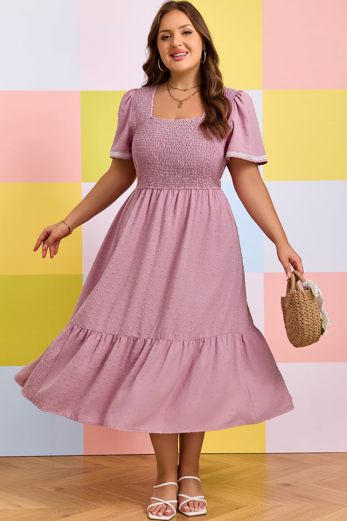 Pink Plus Size Swiss Dot Short-Sleeve Smocked High Waist Flowy Midi Dress