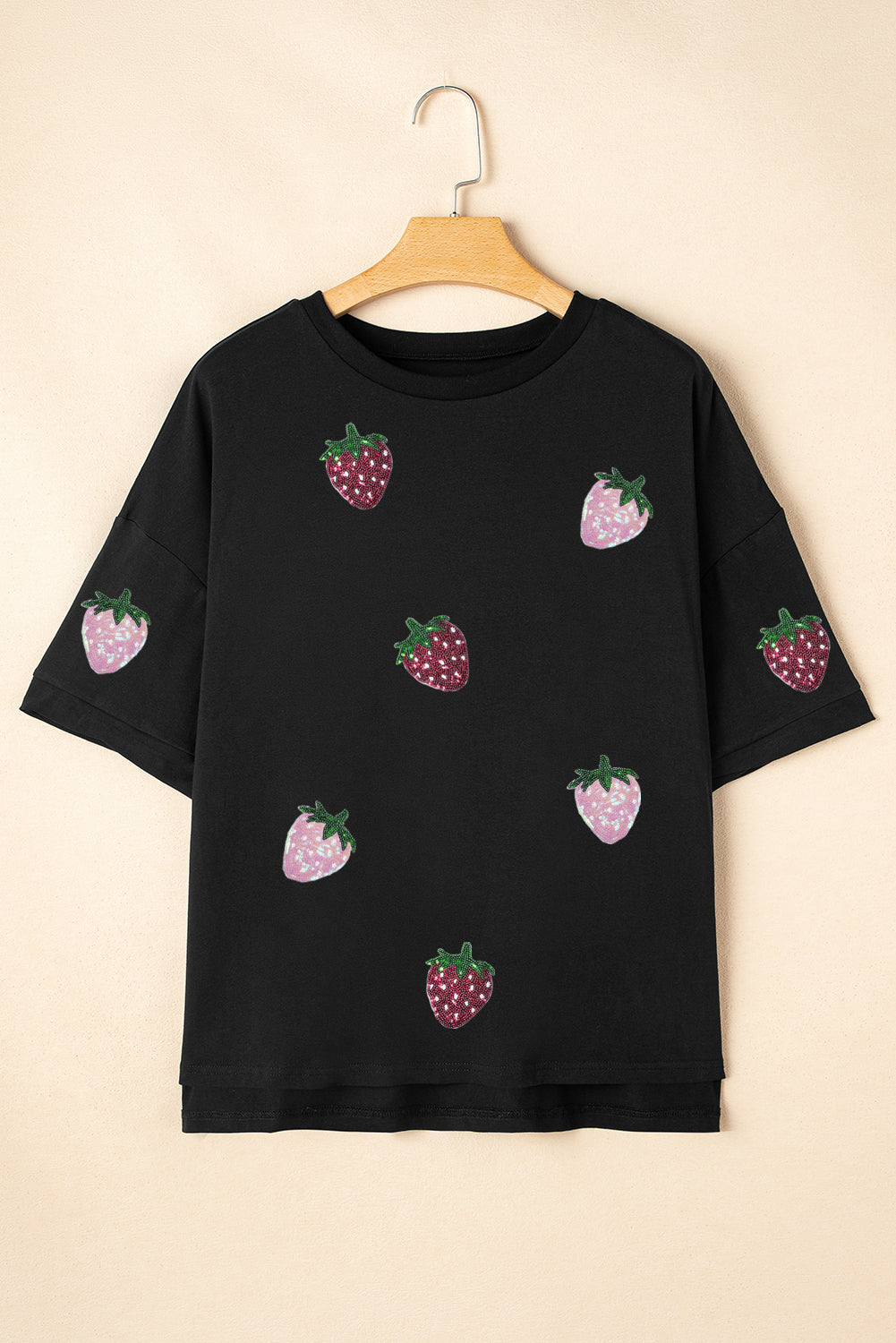 Black Sequin Strawberry Graphic High Low Relaxed Fit Tee