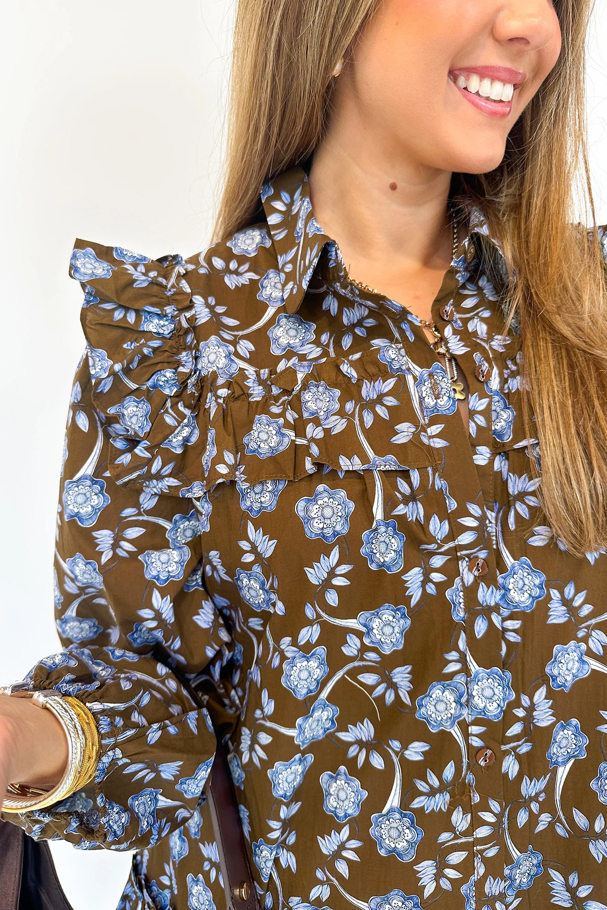 Brown Floral Print Ruffled Shirt Collar Button Down Long Sleeve Dress
