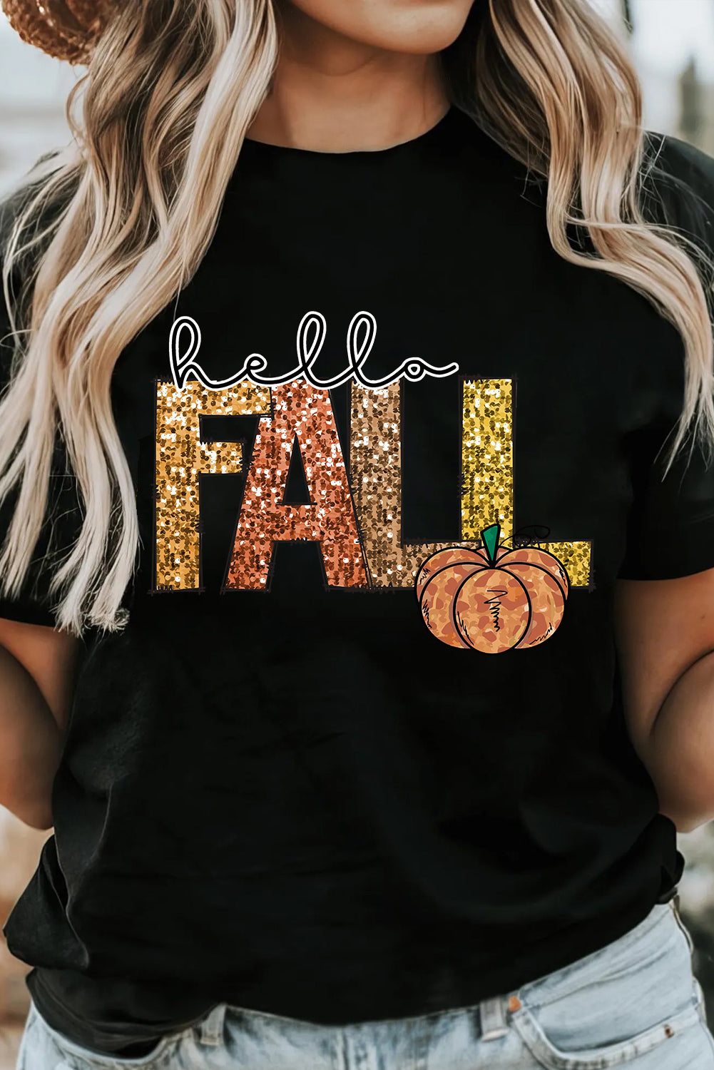 Black Hello Fall Letter Pumpkin Printed Thanksgiving T-Shirt