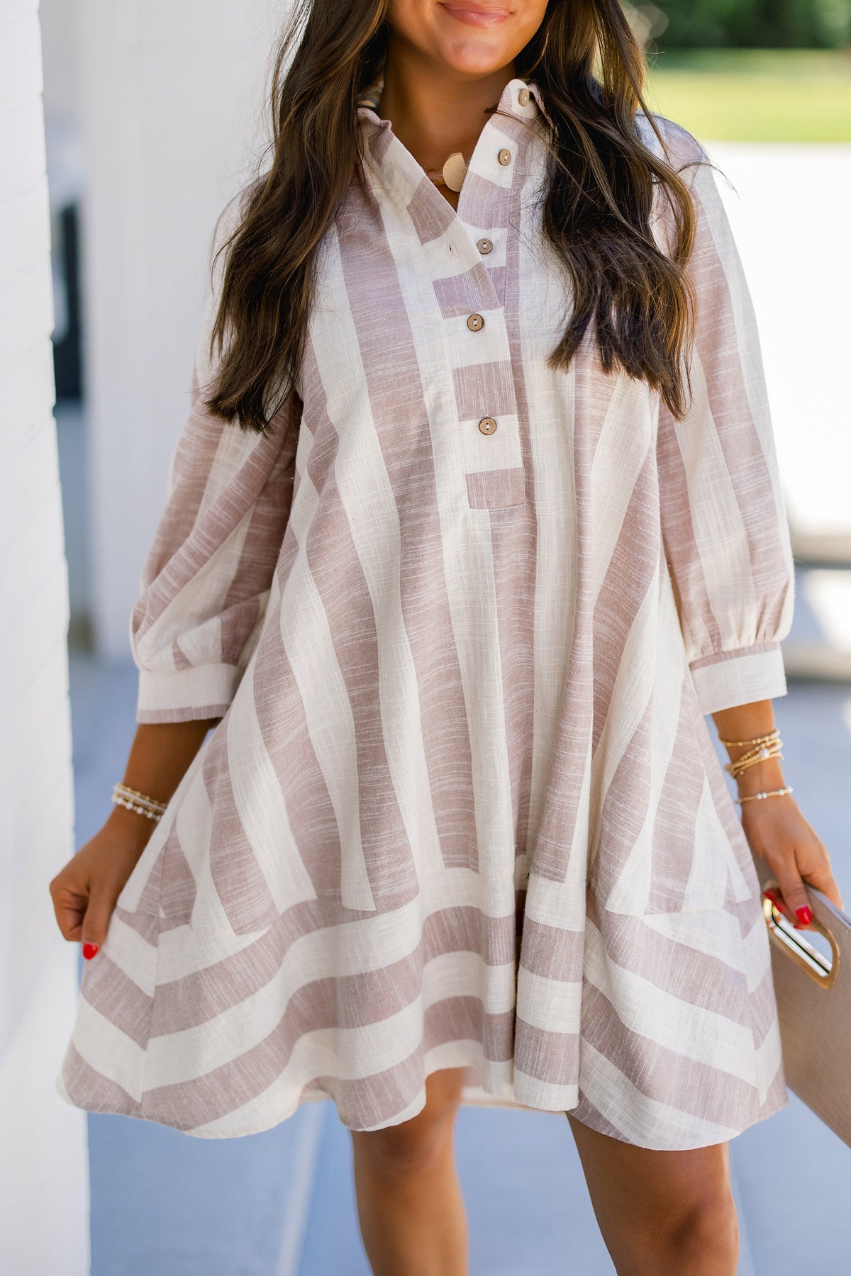 Khaki Stripe Button Up Three Quarter Sleeve Short Shift Dress