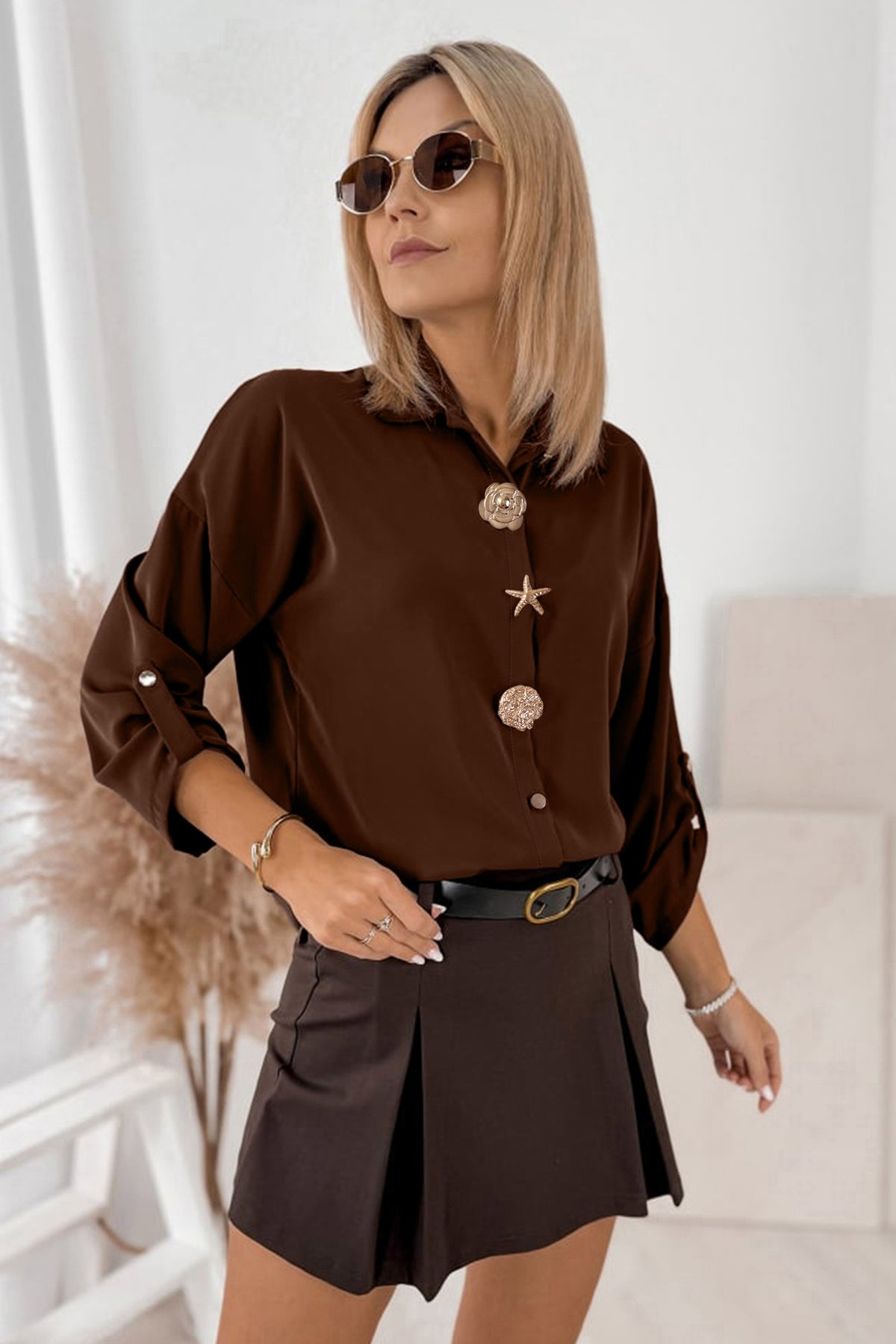 Coffee Multi Button Decoration Tab Long Sleeve Shirt