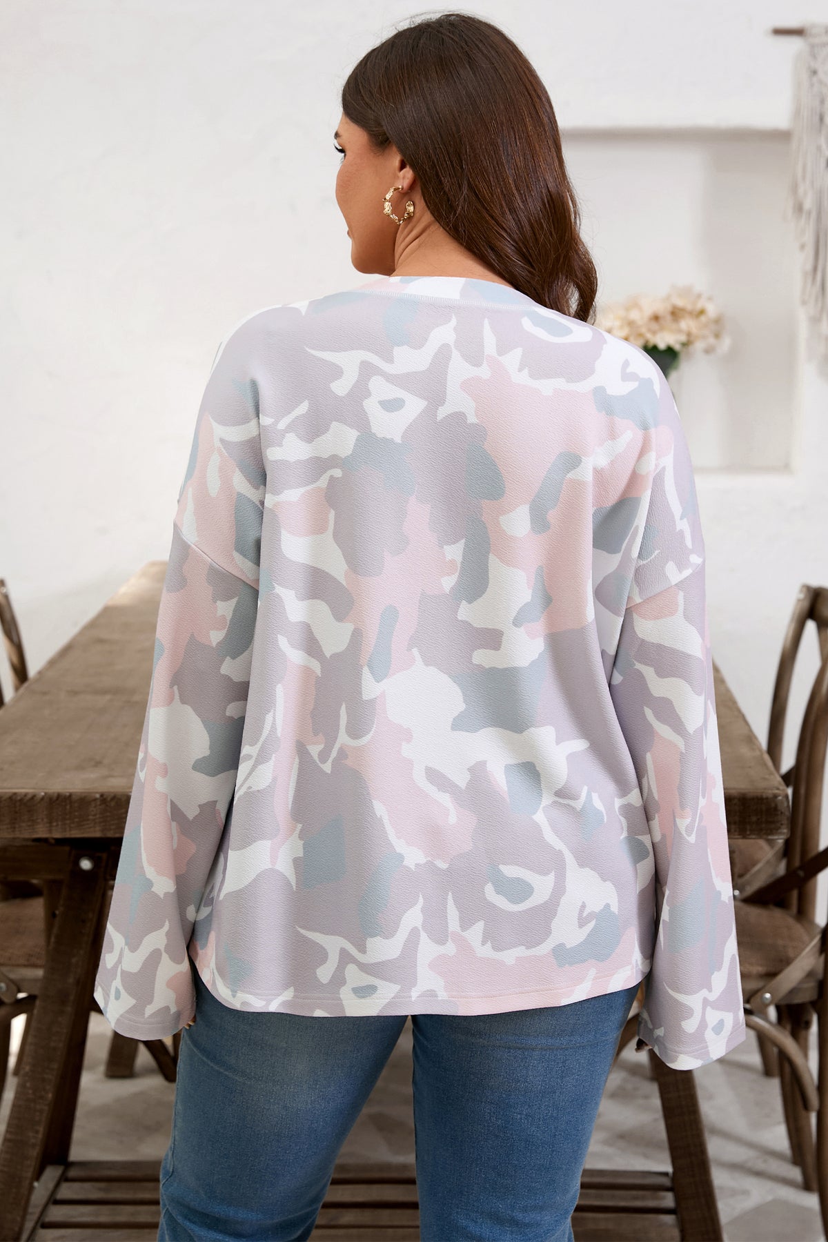 Green Plus Size Camouflage Print Drop-Shoulder Loose Pullover Top