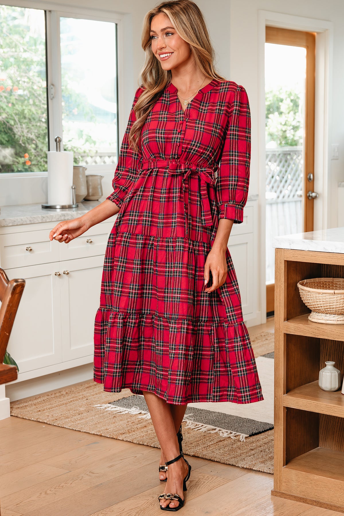 Red Christmas Plaid V Neck 3/4 Sleeve Ruffle Hem Long Dress