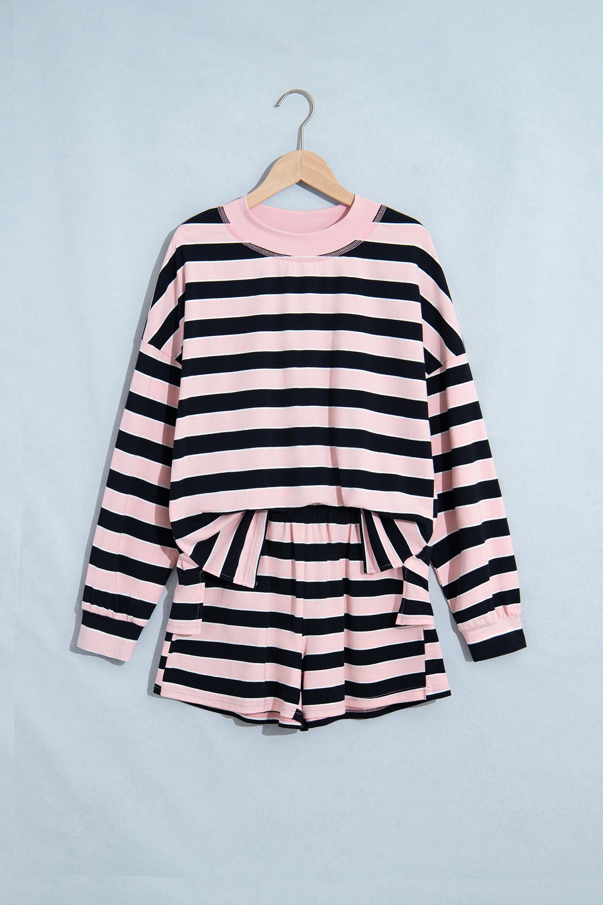 Pink Stripe Oversized Top and Elastic Waist Shorts Set