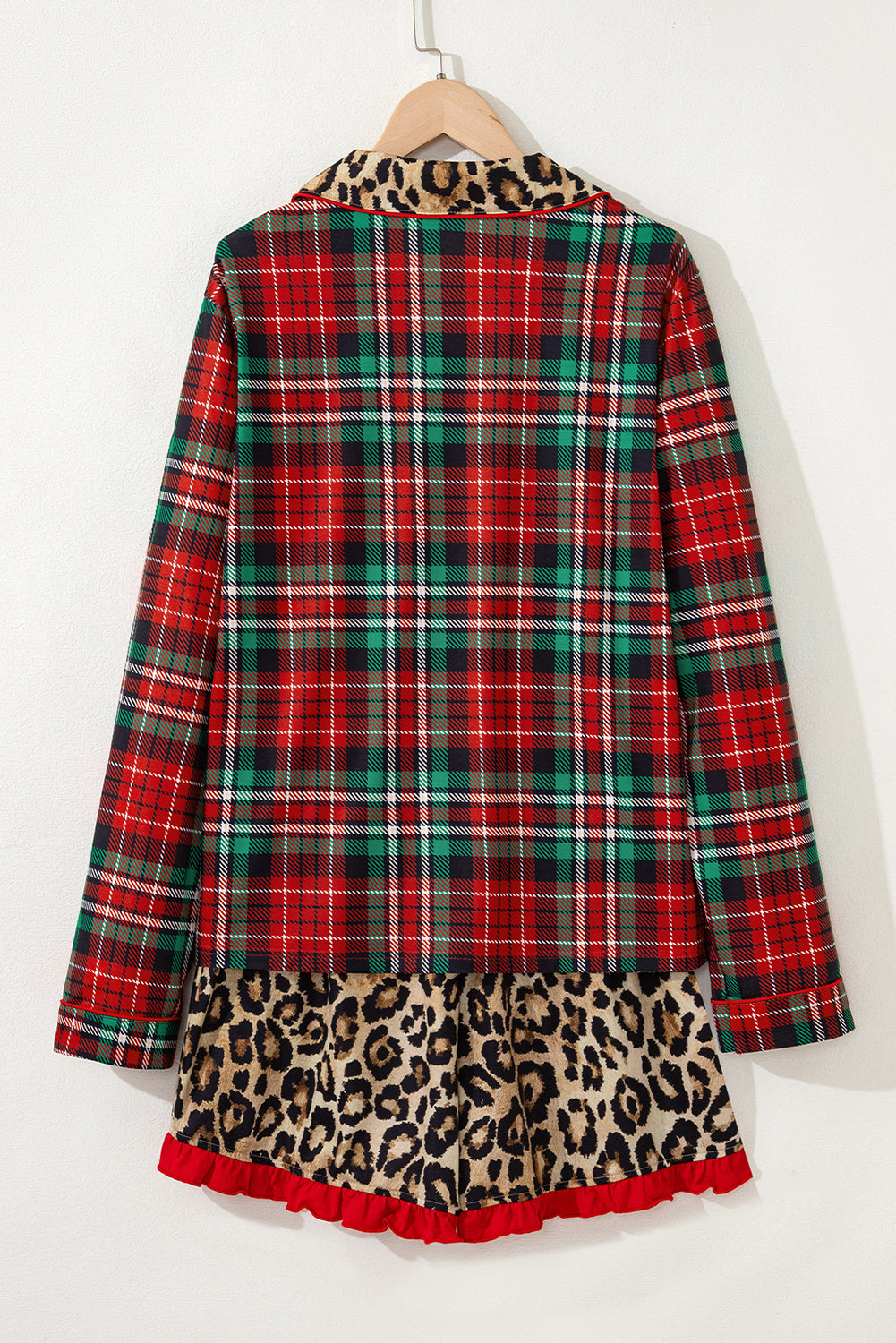 Racing Red Plaid Leopard Patchwork Long Sleeve Shorts Pajama Set