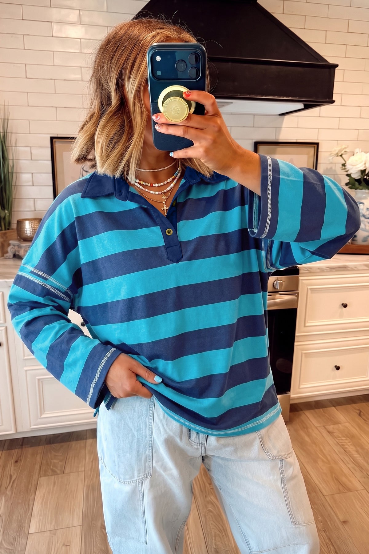 Blue Stripe Contrast Polo Collar Bracelet Sleeve Top