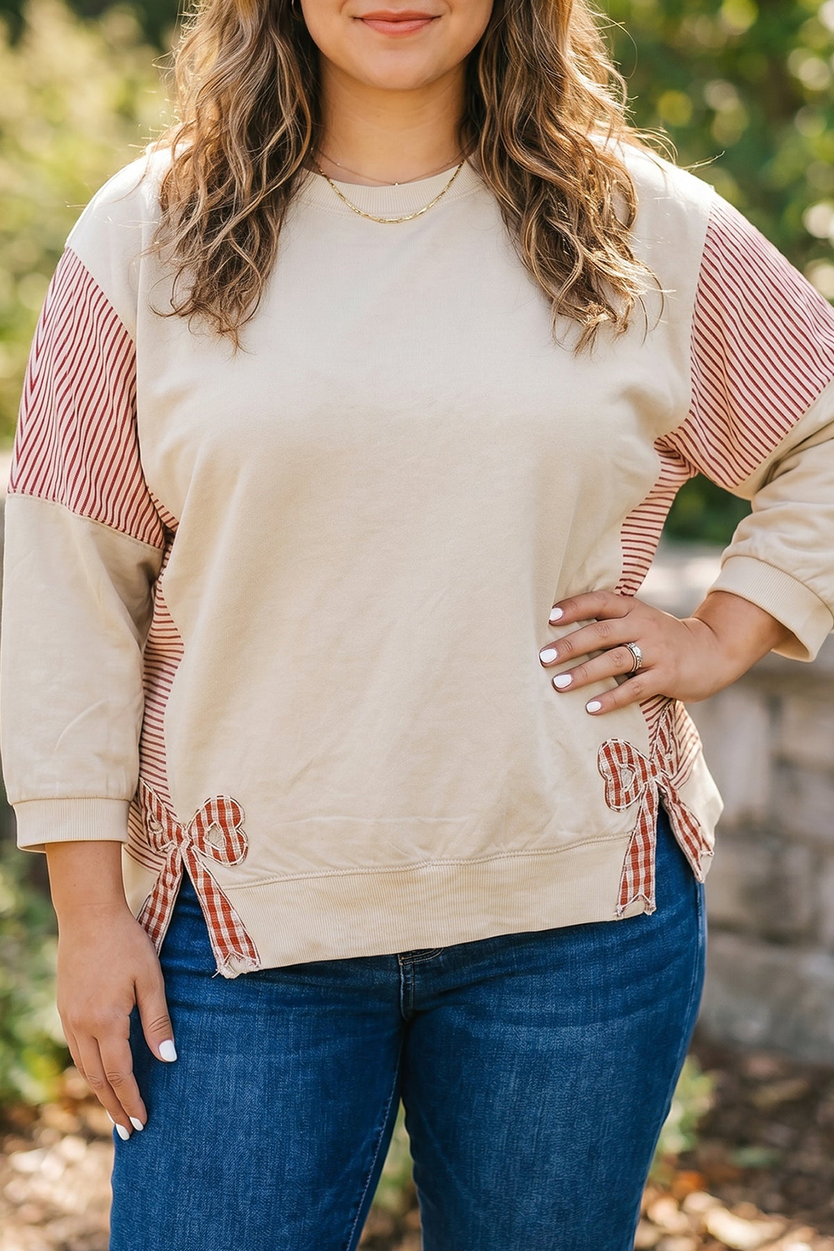 Parchment Striped Color-Block Patchwork Bow Detail Bracelet Sleeve Plus Size Top