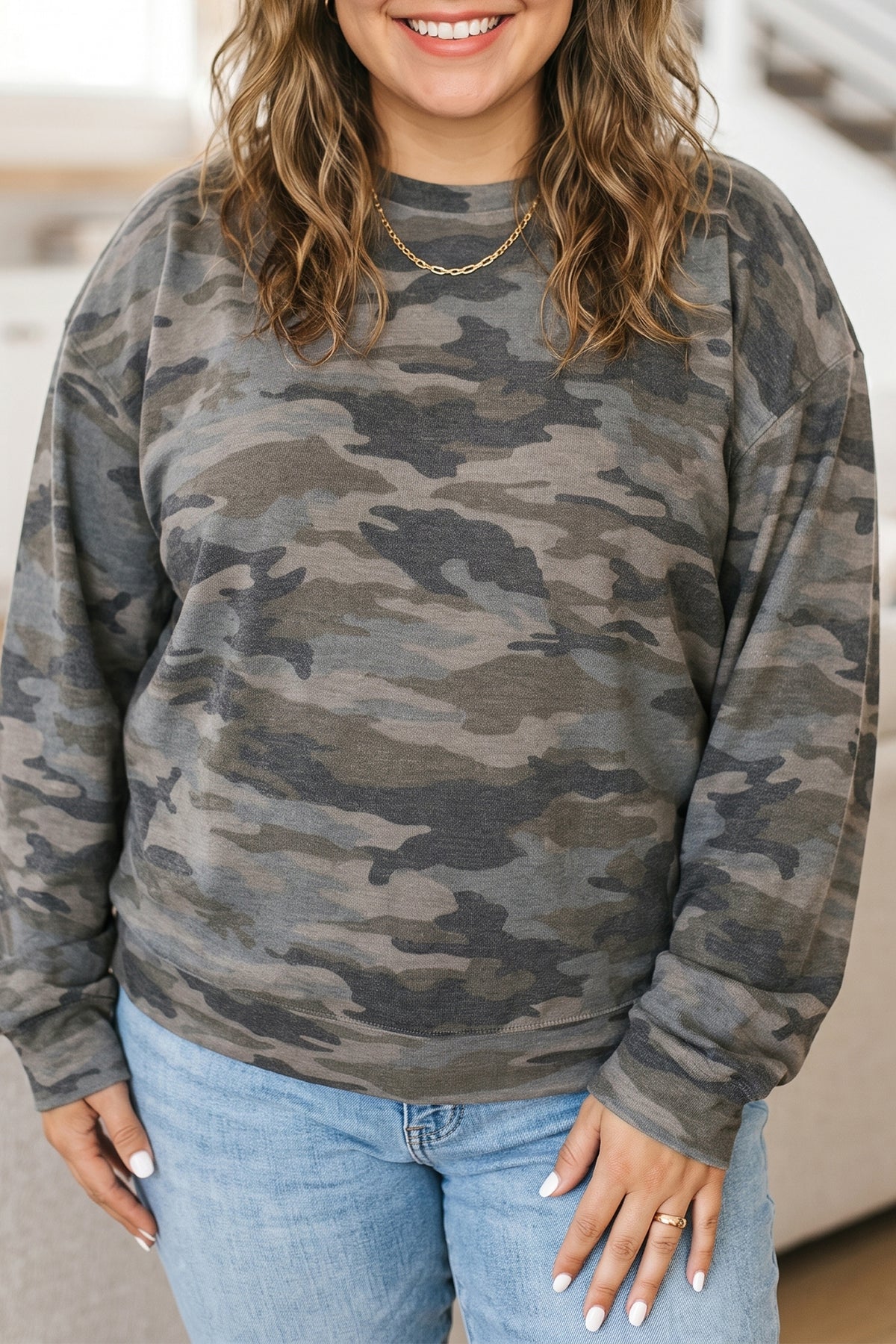 Green Camo Print Long-Sleeve Plus Size Blouse