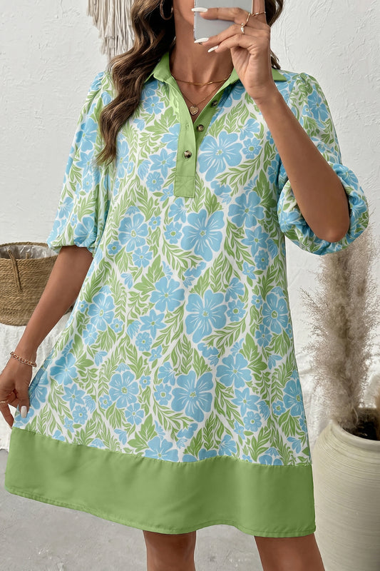 Sky Blue Floral Print Color Block Patchwork Half Sleeve Mini Dress