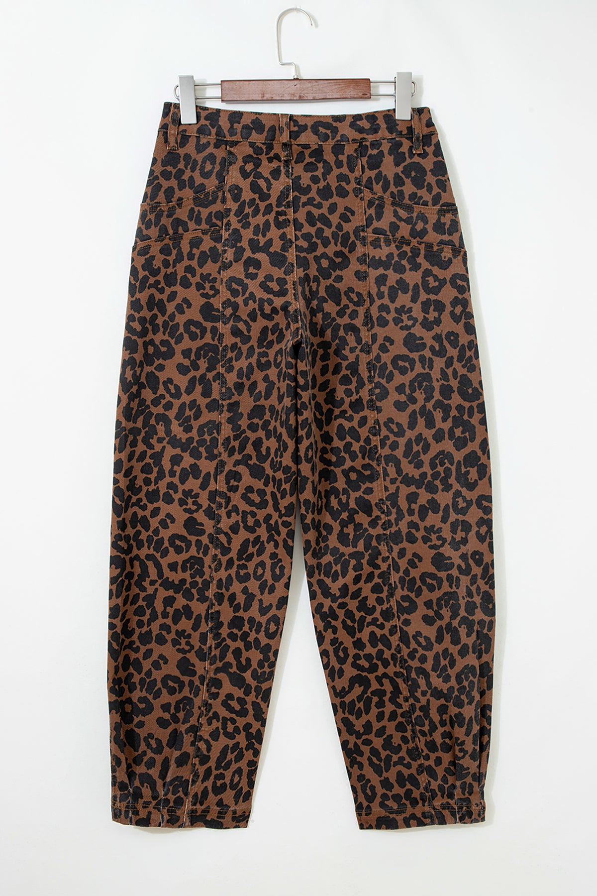 Brown Clear Seam Patchwork Leopard Print Barrel Jeans