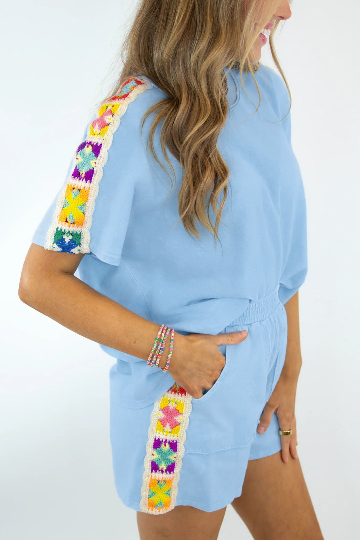Women's Mist Blue Granny Square Crochet Detail Short Two-Piece Set
